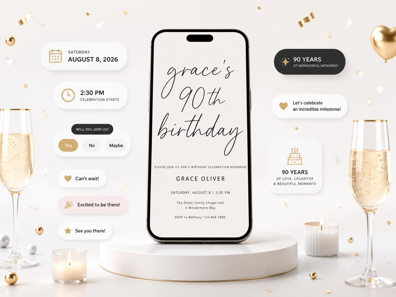 The Cream Minimalist Calligraphy Milestone Birthday invitation on a phone, with guest RSVPs arriving around it