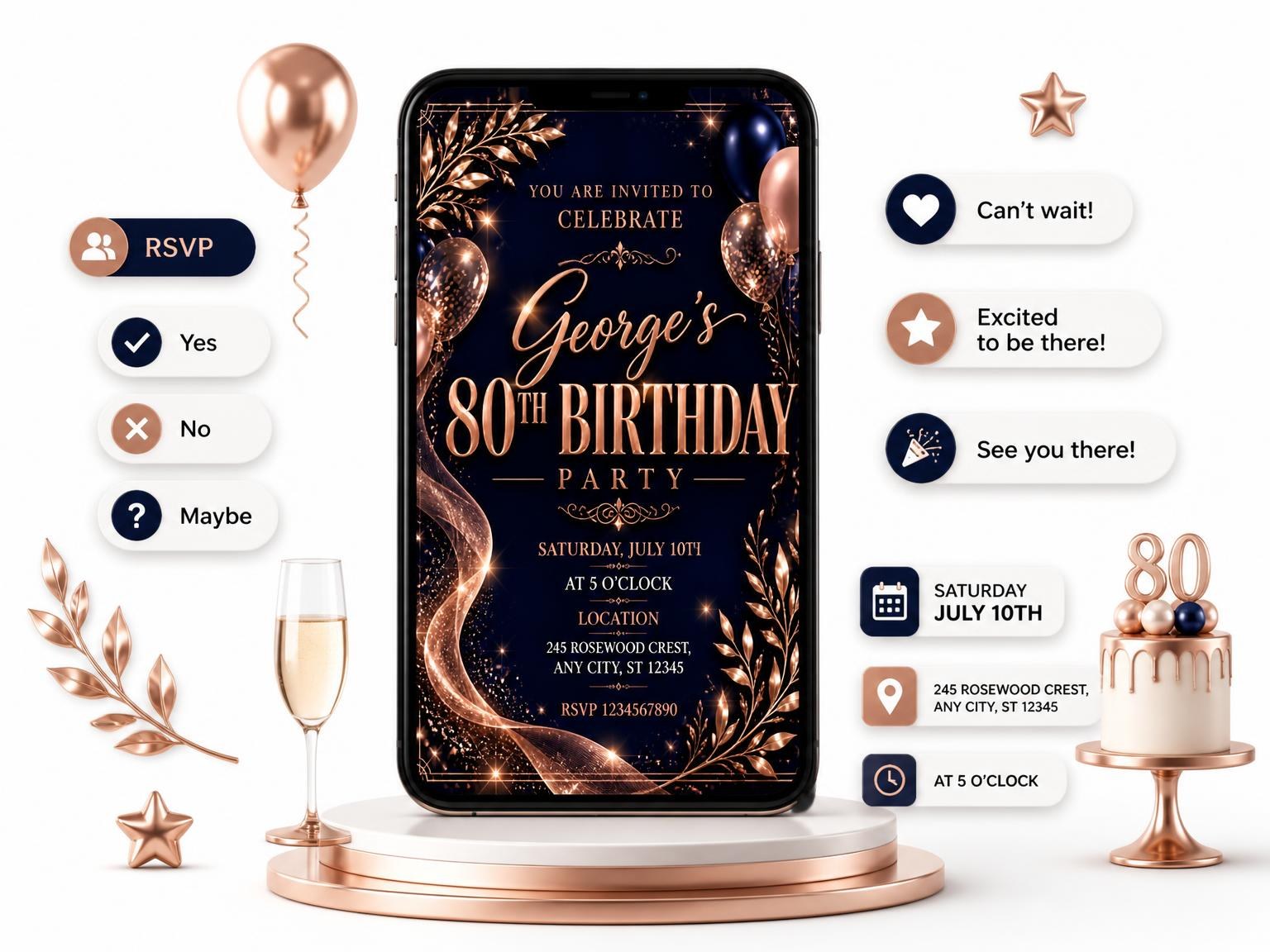 The Navy and Rose Gold 80th Birthday Invitation invitation on a phone, with guest RSVPs arriving around it