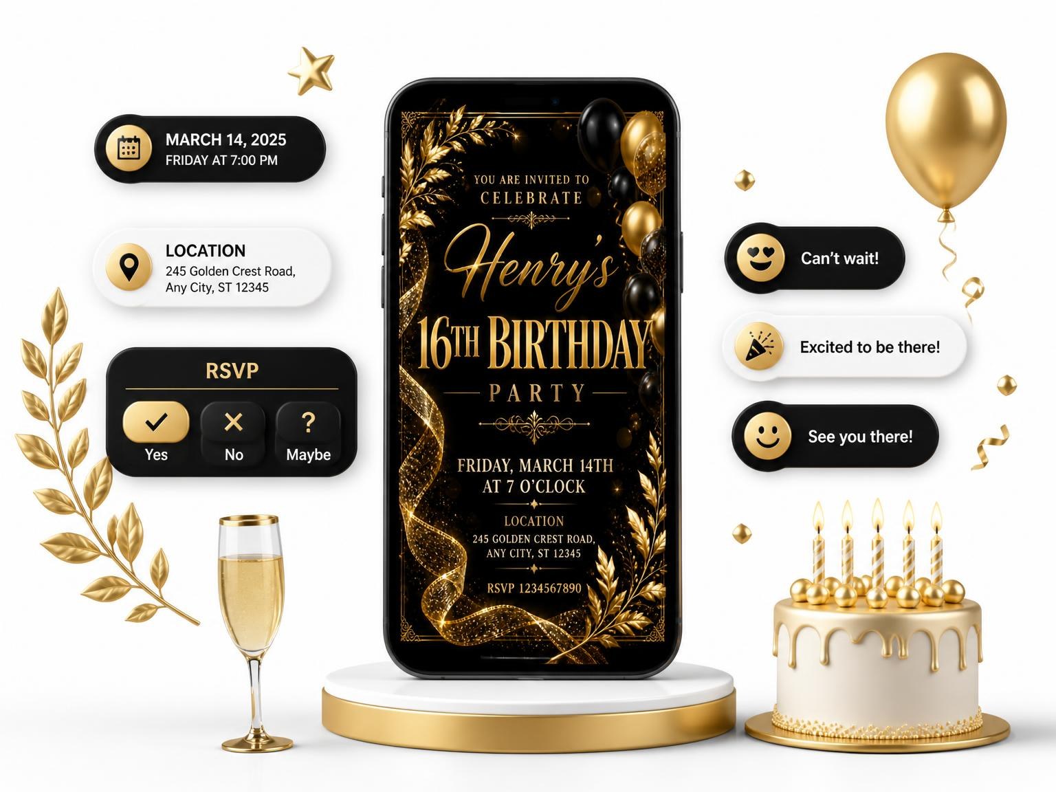 The Black and Gold 16th Birthday Invitation invitation on a phone, with guest RSVPs arriving around it