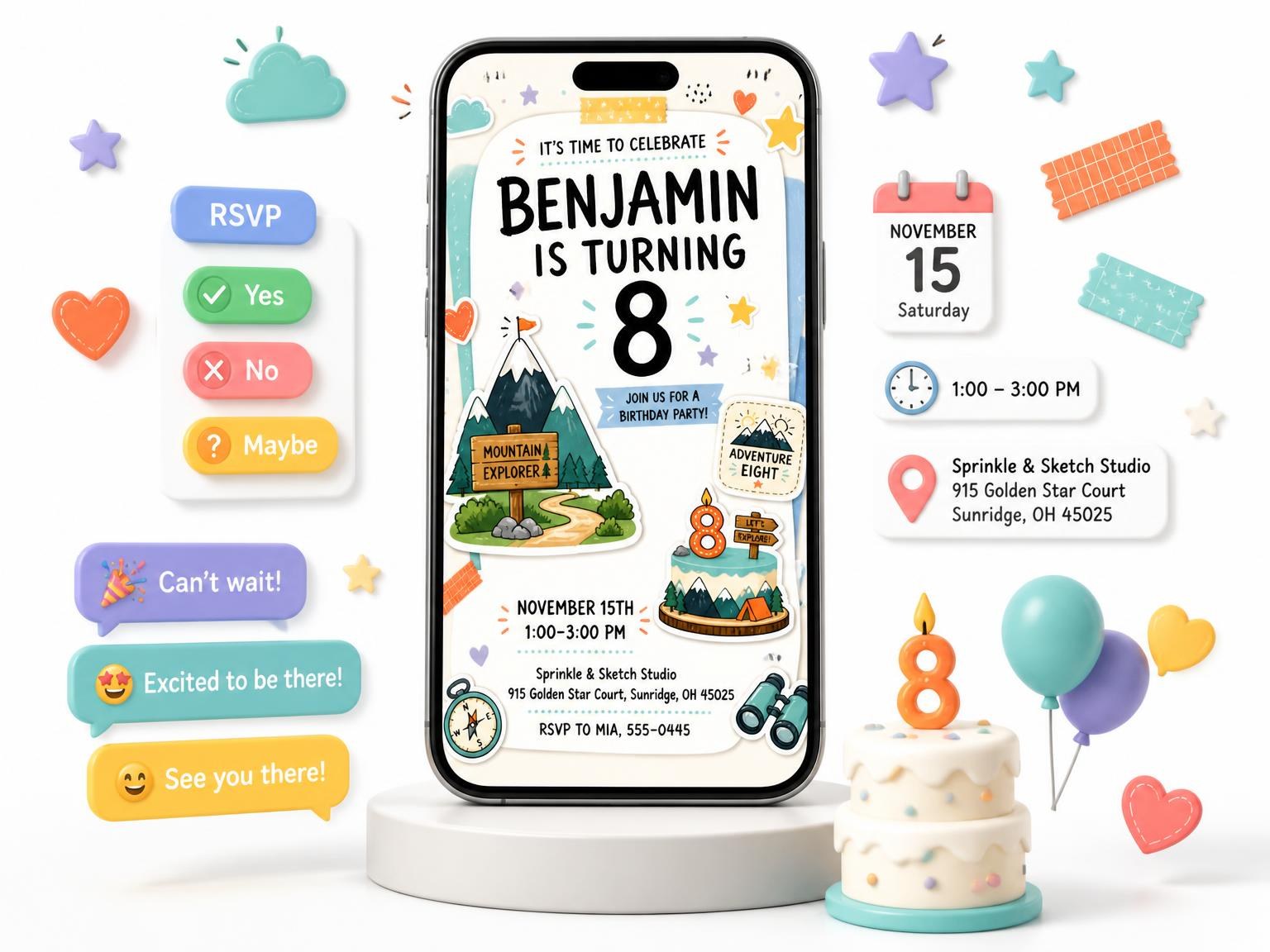 The Pastel Mountain Explorer 8th Birthday Invitation invitation on a phone, with guest RSVPs arriving around it