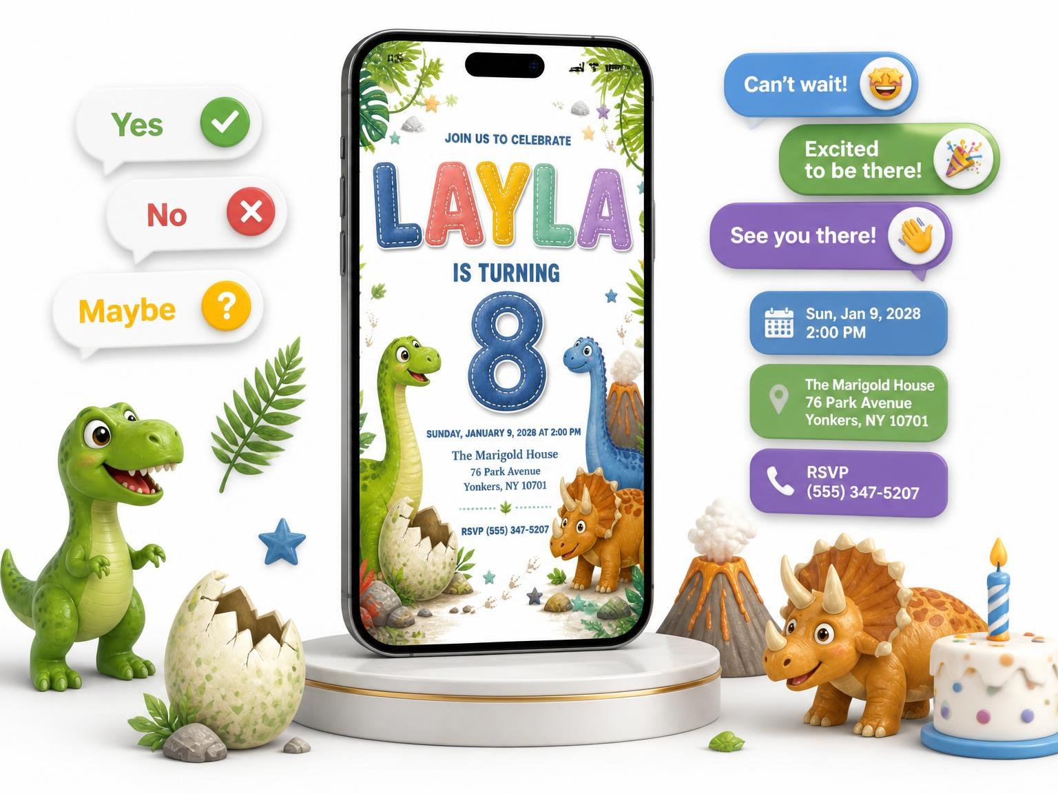 The Stitched Dinosaur 8th Birthday Invitation invitation on a phone, with guest RSVPs arriving around it