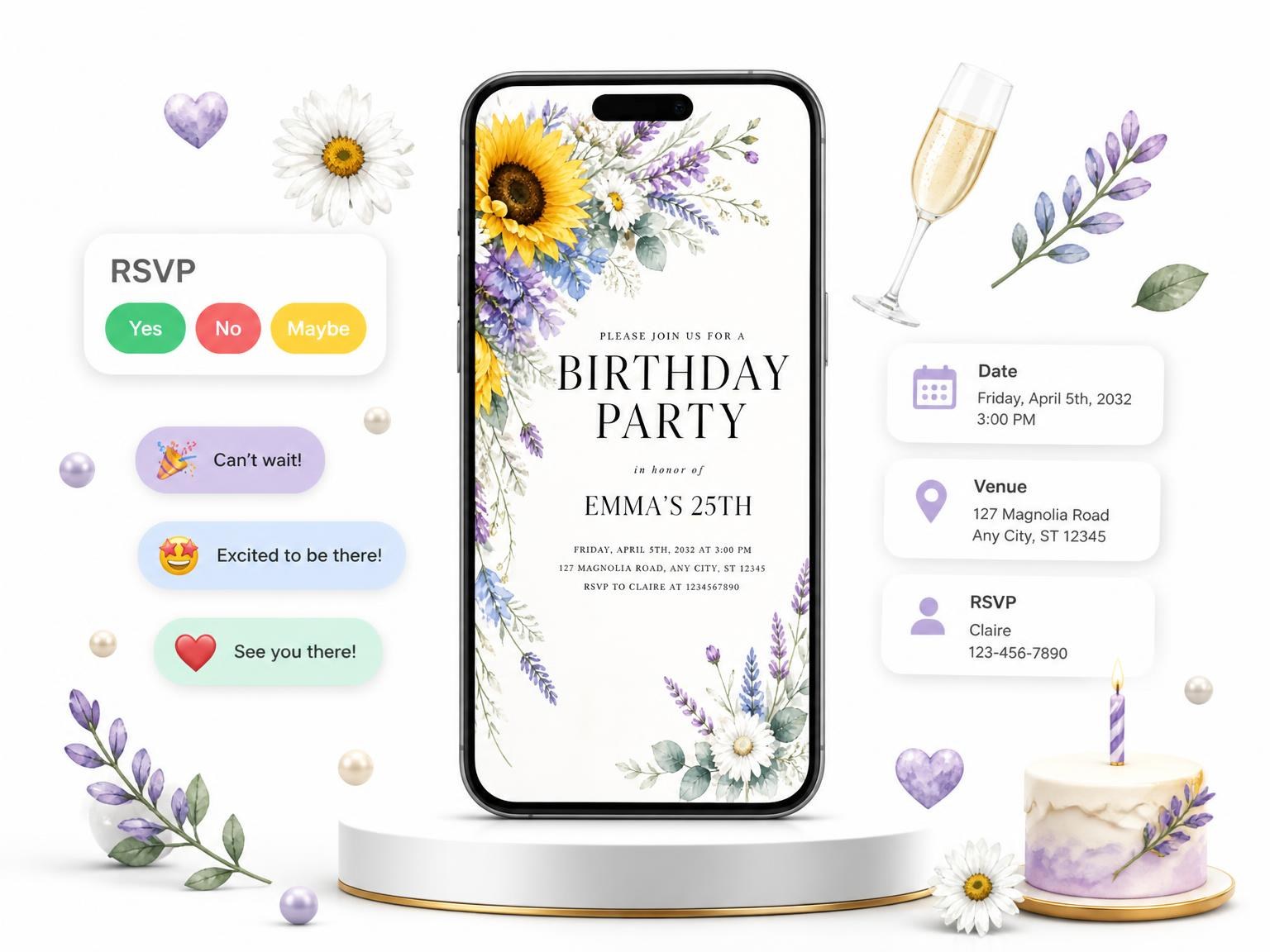 The Sunflowers Lavender 25th Birthday Invitation invitation on a phone, with guest RSVPs arriving around it