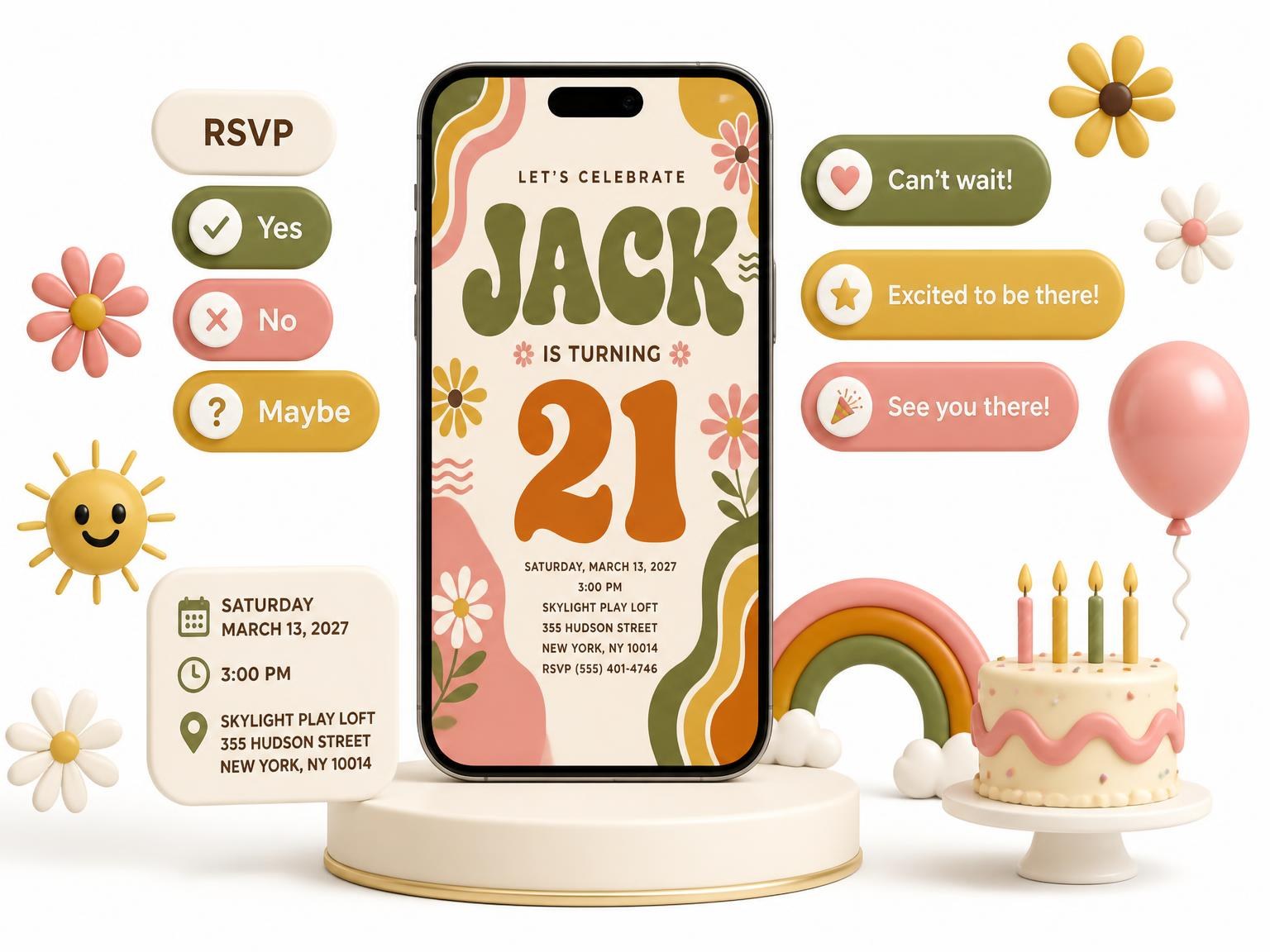 The Groovy Retro 21st Birthday Invitation invitation on a phone, with guest RSVPs arriving around it