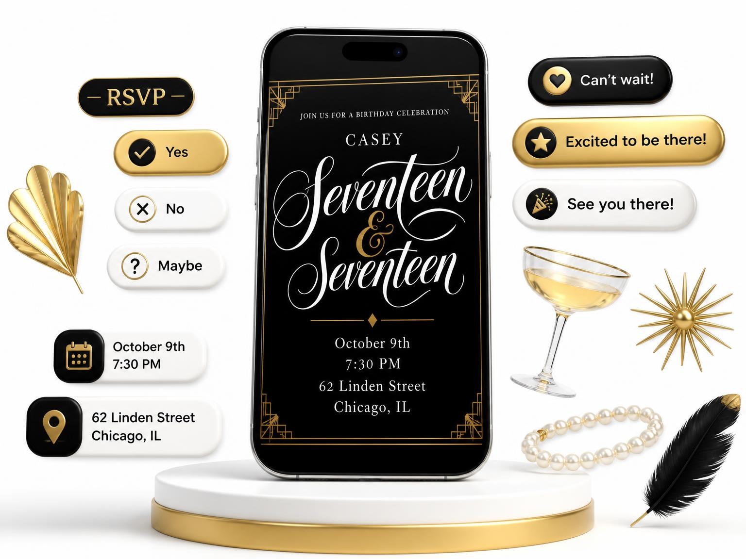 The Art Deco 17th Birthday Invitation invitation on a phone, with guest RSVPs arriving around it
