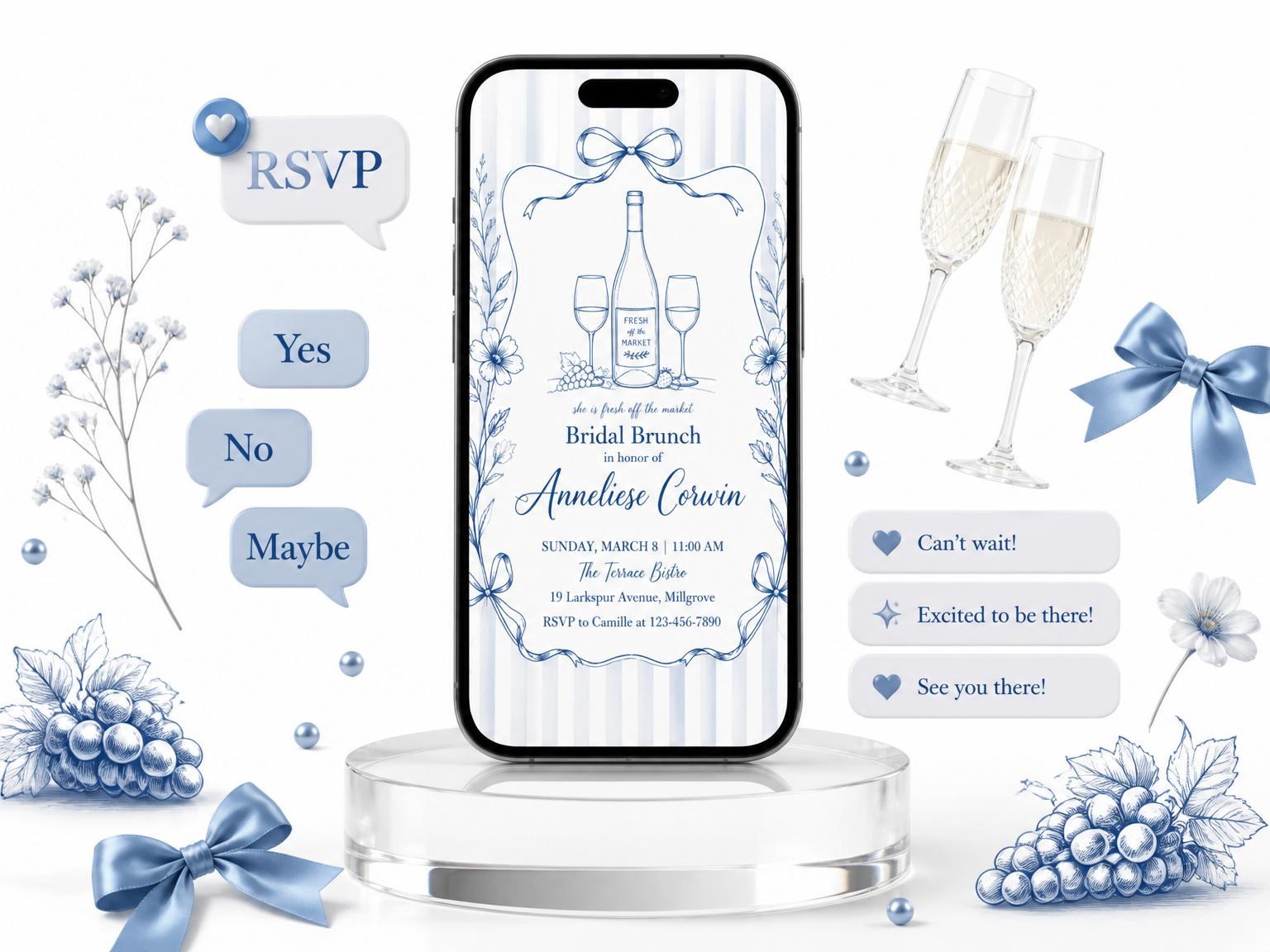 The Blue Toile Wine Bridal Brunch invitation on a phone, with guest RSVPs arriving around it