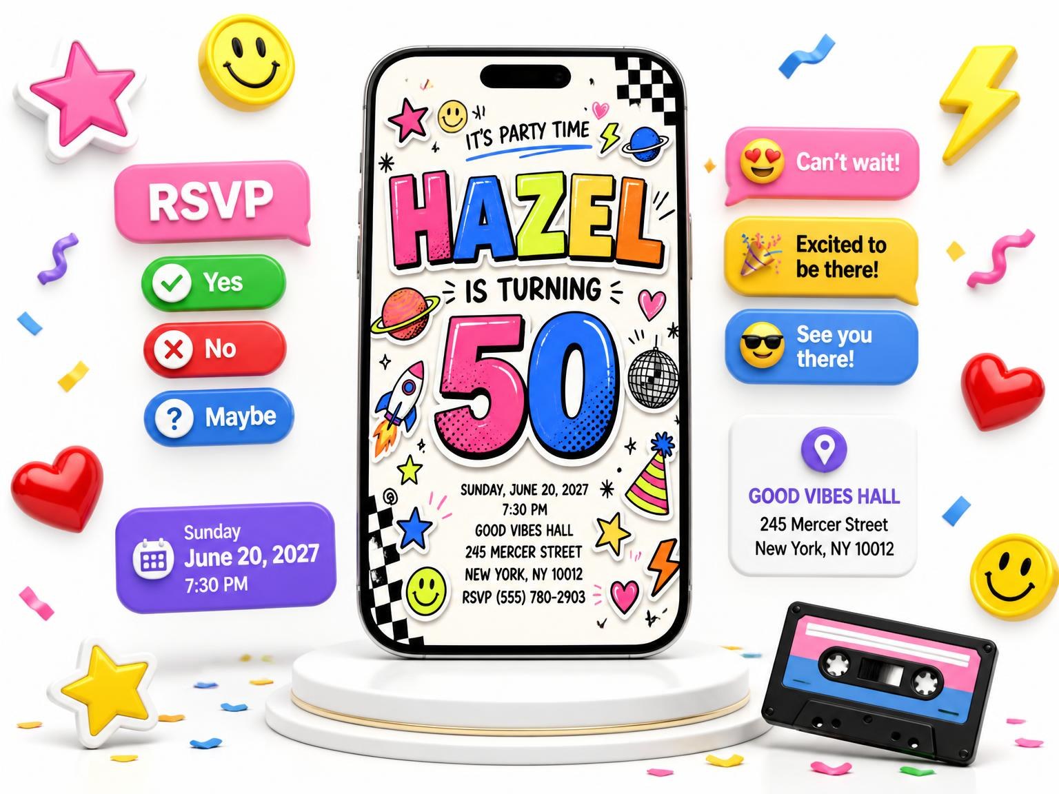 The Sticker Pop 50th Birthday Invitation invitation on a phone, with guest RSVPs arriving around it