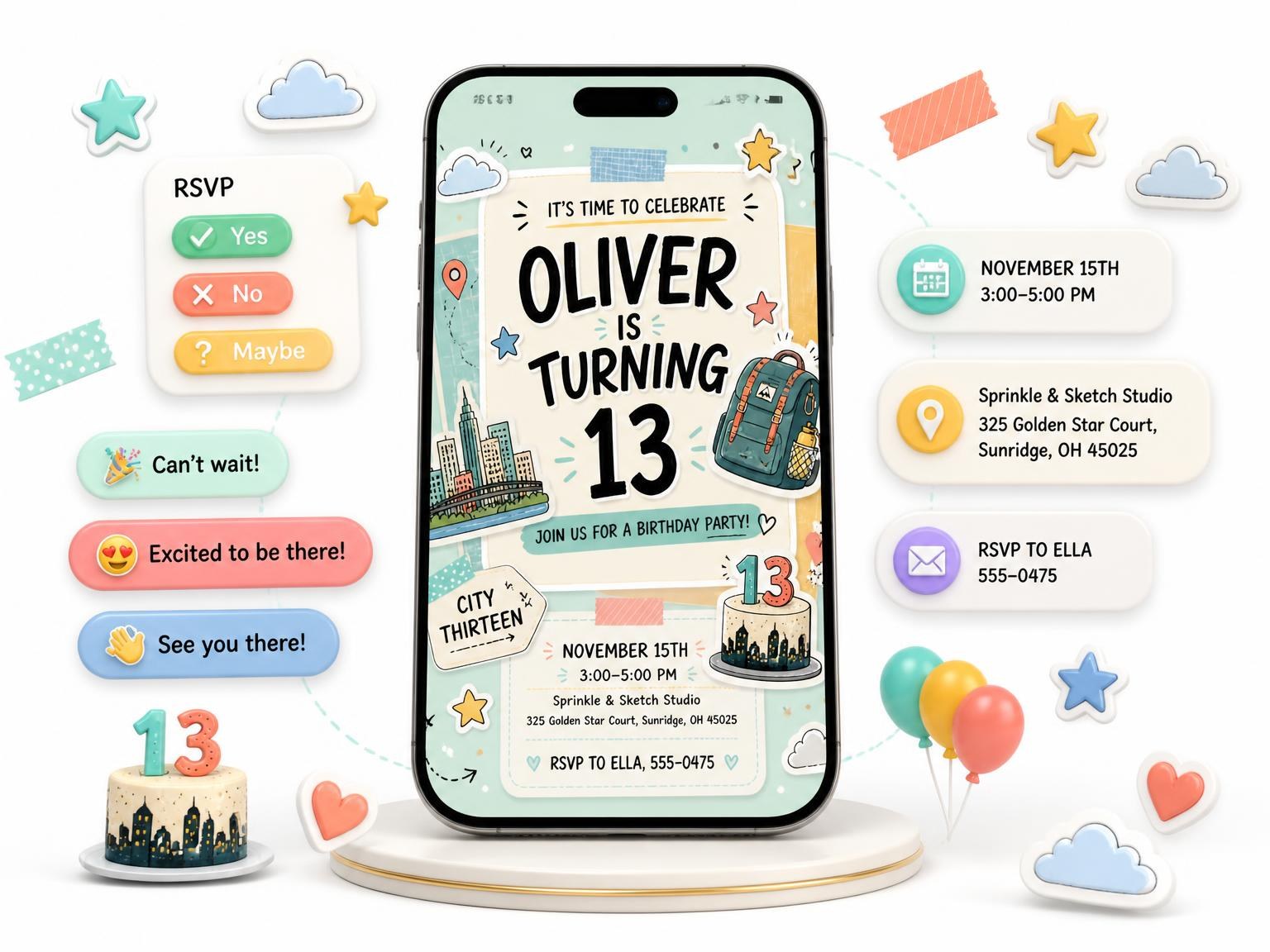 The City Skyline Pastel 13th Birthday Invitation invitation on a phone, with guest RSVPs arriving around it