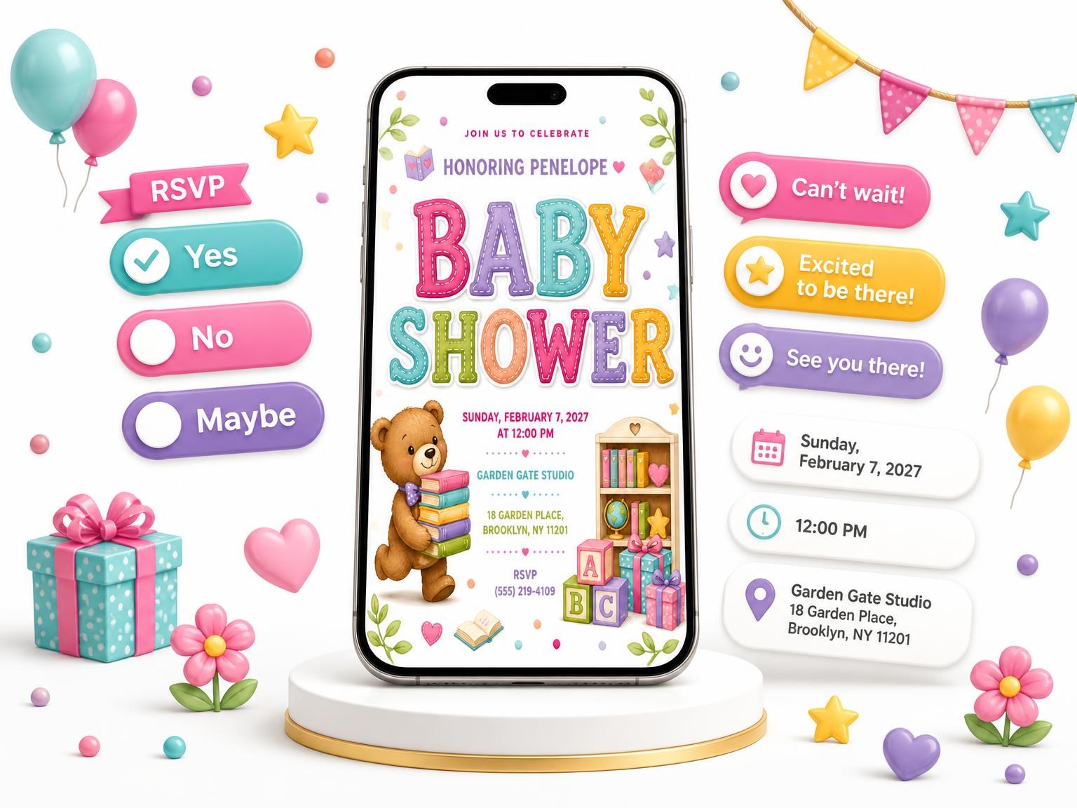 The Bookshelf Baby Shower Invitation invitation on a phone, with guest RSVPs arriving around it
