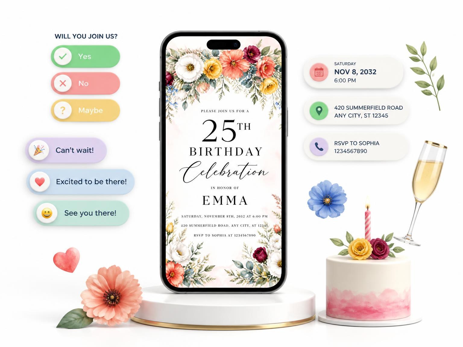 The Garland Bouquets Golden 25th Birthday Invitation invitation on a phone, with guest RSVPs arriving around it