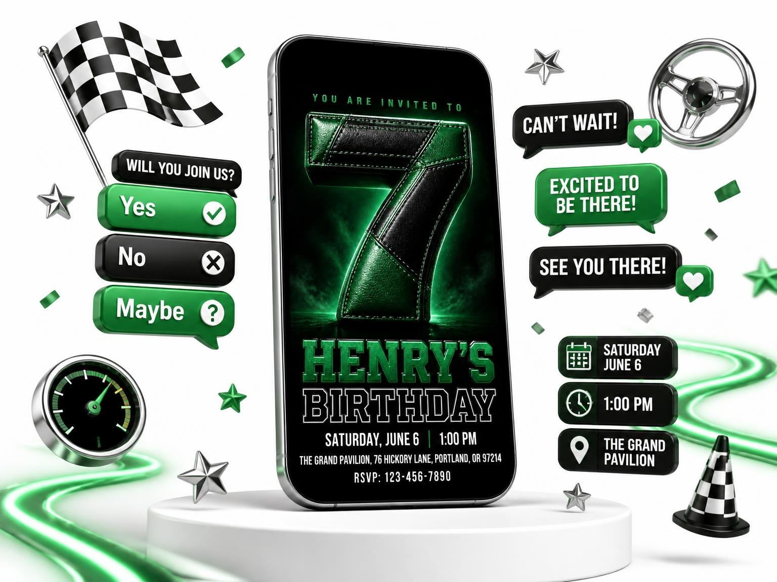 The Neon Sports 7th Birthday Invitation invitation on a phone, with guest RSVPs arriving around it