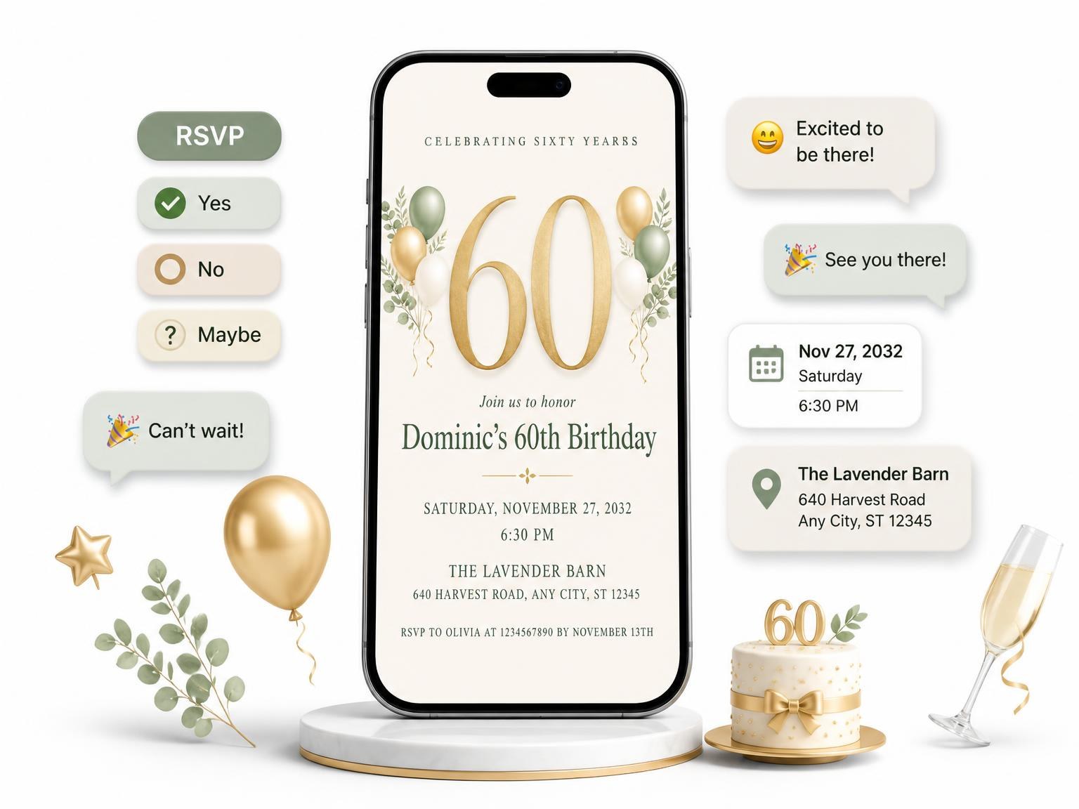 The Sage and Ivory 60th Birthday Invitation invitation on a phone, with guest RSVPs arriving around it