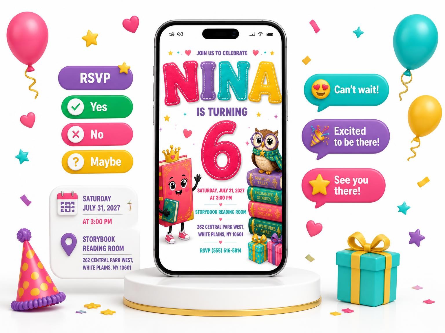 The Stitched Storybook 6th Birthday Invitation invitation on a phone, with guest RSVPs arriving around it