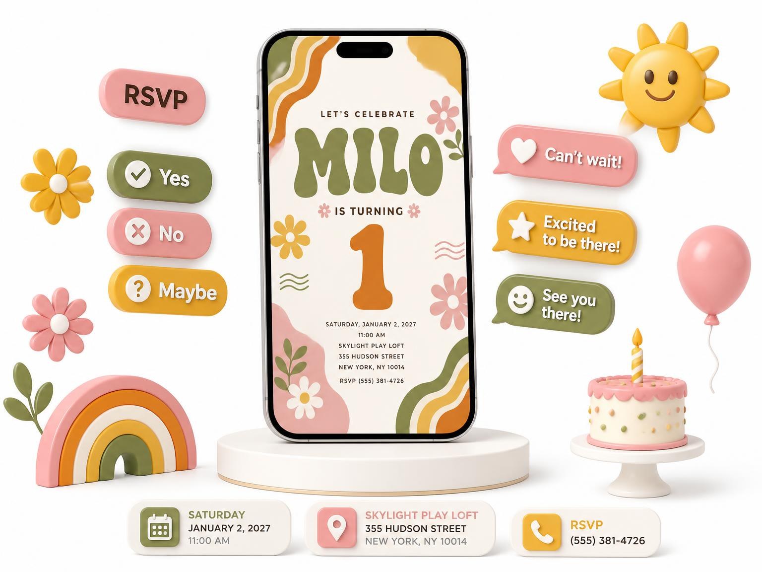 The Groovy Retro 1st Birthday Invitation invitation on a phone, with guest RSVPs arriving around it
