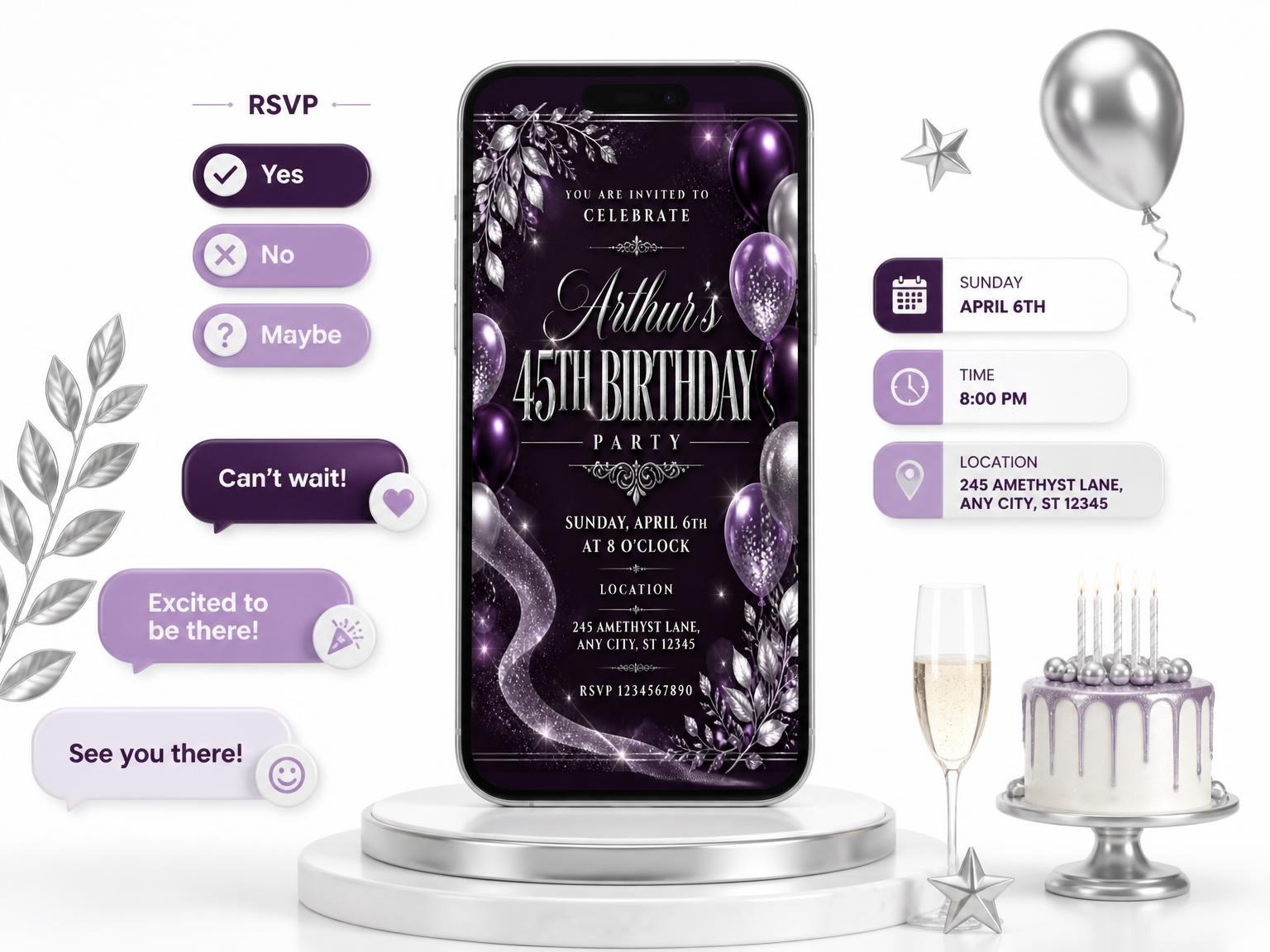 The Plum and Silver 45th Birthday Invitation invitation on a phone, with guest RSVPs arriving around it