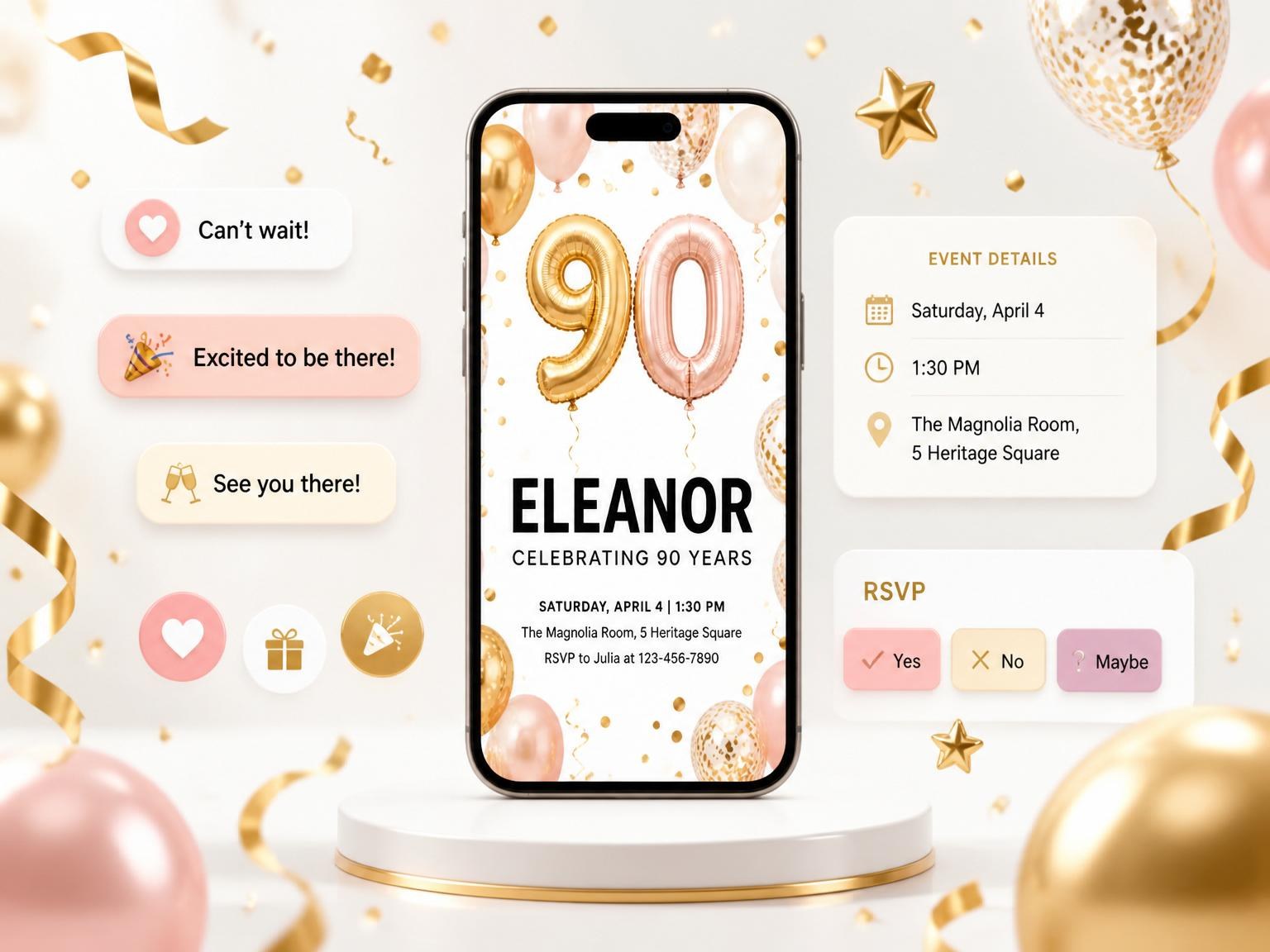 The Rose Gold Balloon 90th Birthday invitation on a phone, with guest RSVPs arriving around it