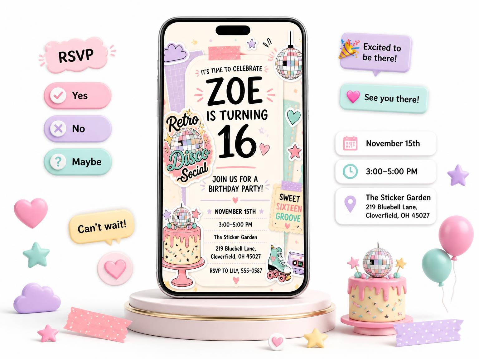 The Disco Ball Pastel 16th Birthday Invitation invitation on a phone, with guest RSVPs arriving around it