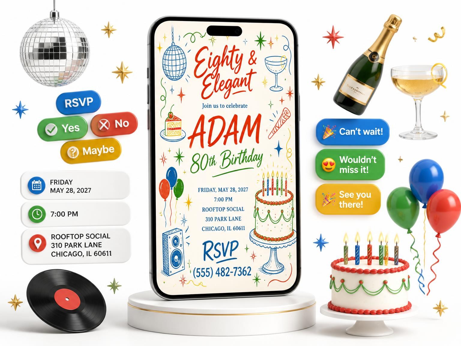 The Retro Doodle 80th Birthday Invitation invitation on a phone, with guest RSVPs arriving around it