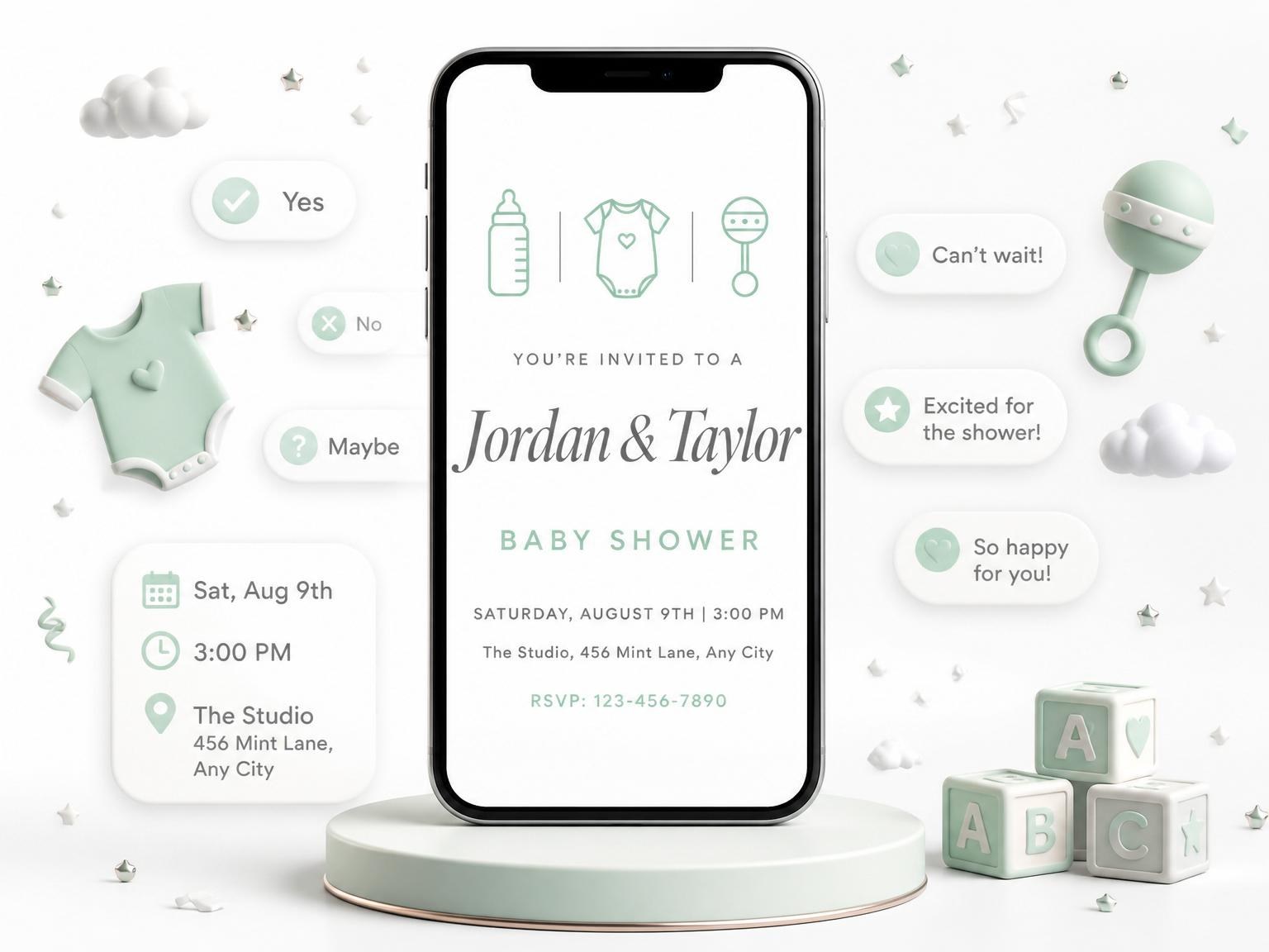 The Sage Green Icon Baby Shower invitation on a phone, with guest RSVPs arriving around it