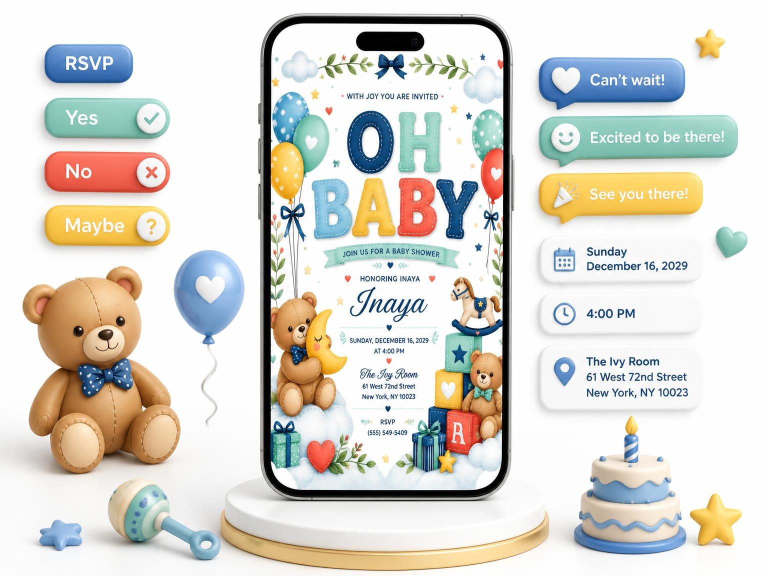 The Floating Balloons Baby Shower Invitation invitation on a phone, with guest RSVPs arriving around it