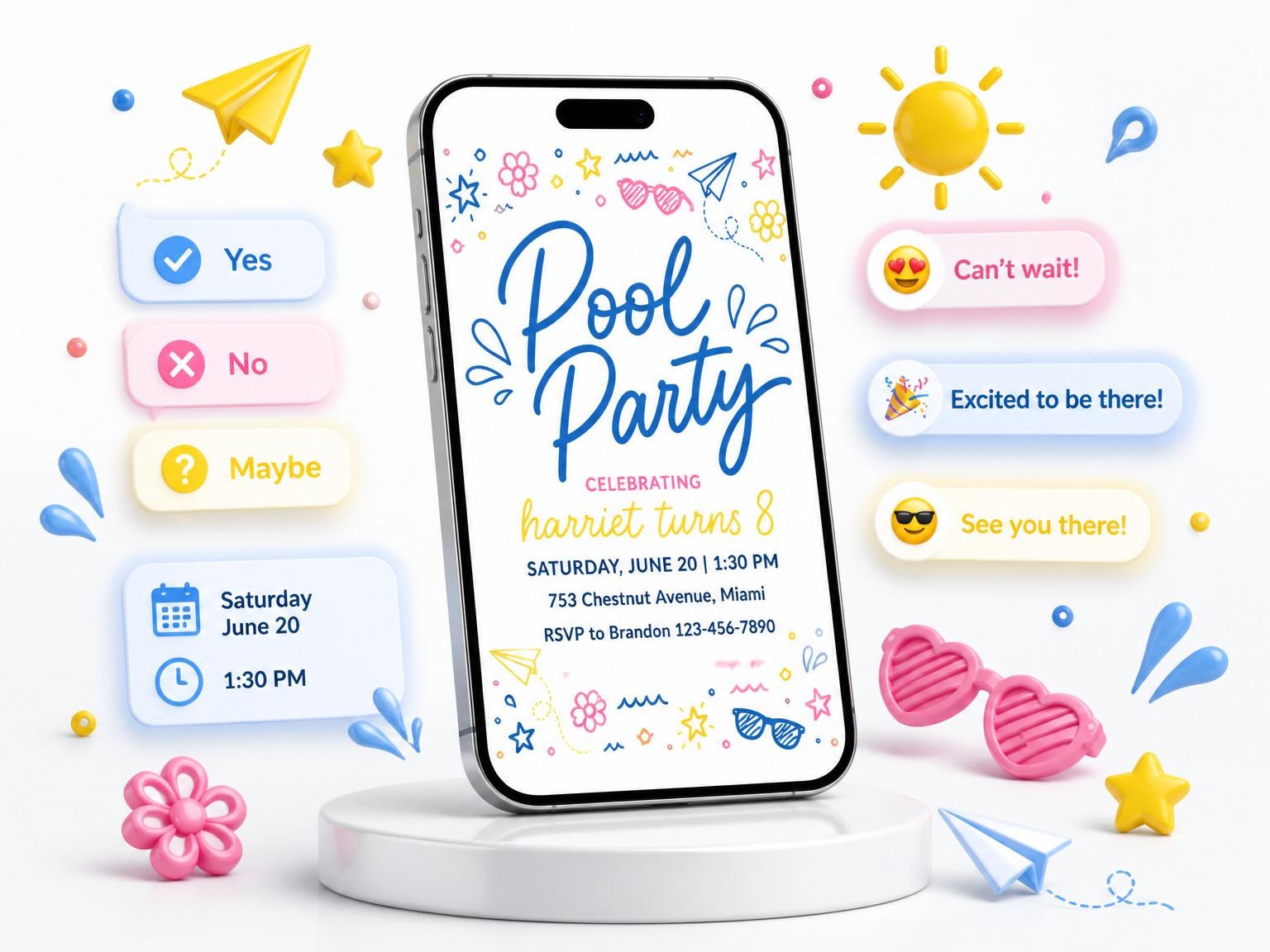 The Doodle Motif Pool Party Invitation invitation on a phone, with guest RSVPs arriving around it