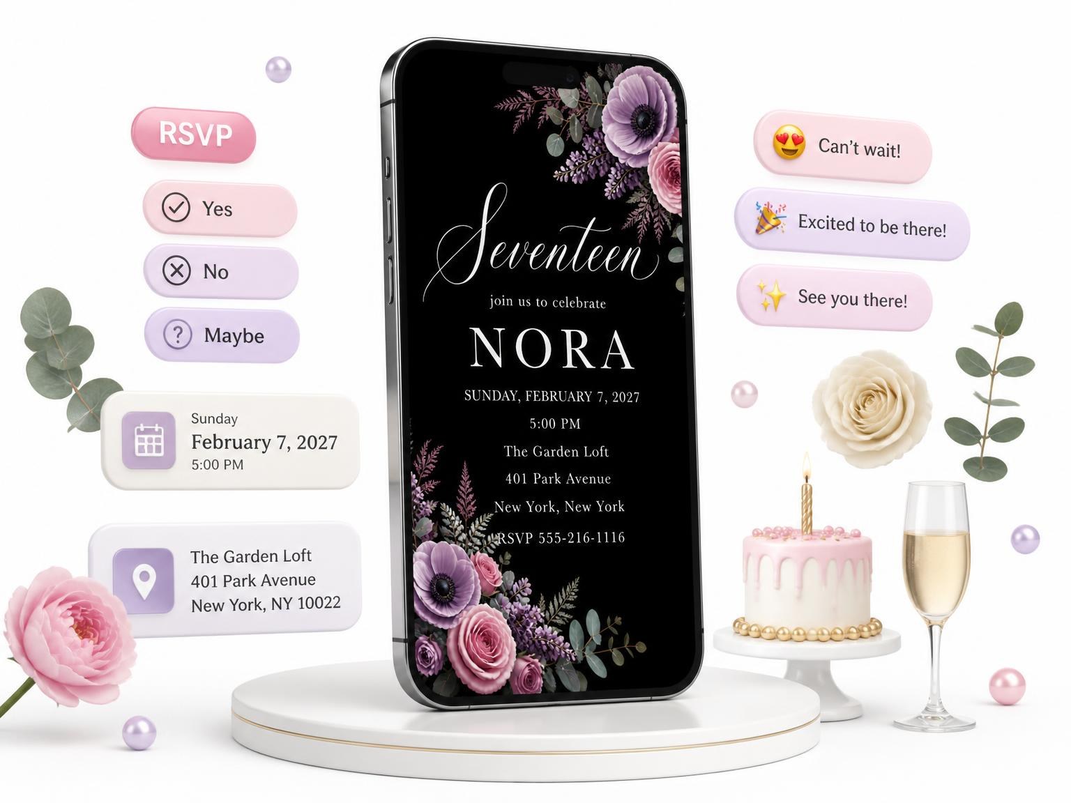 The Black Floral 17th Birthday Invitation invitation on a phone, with guest RSVPs arriving around it