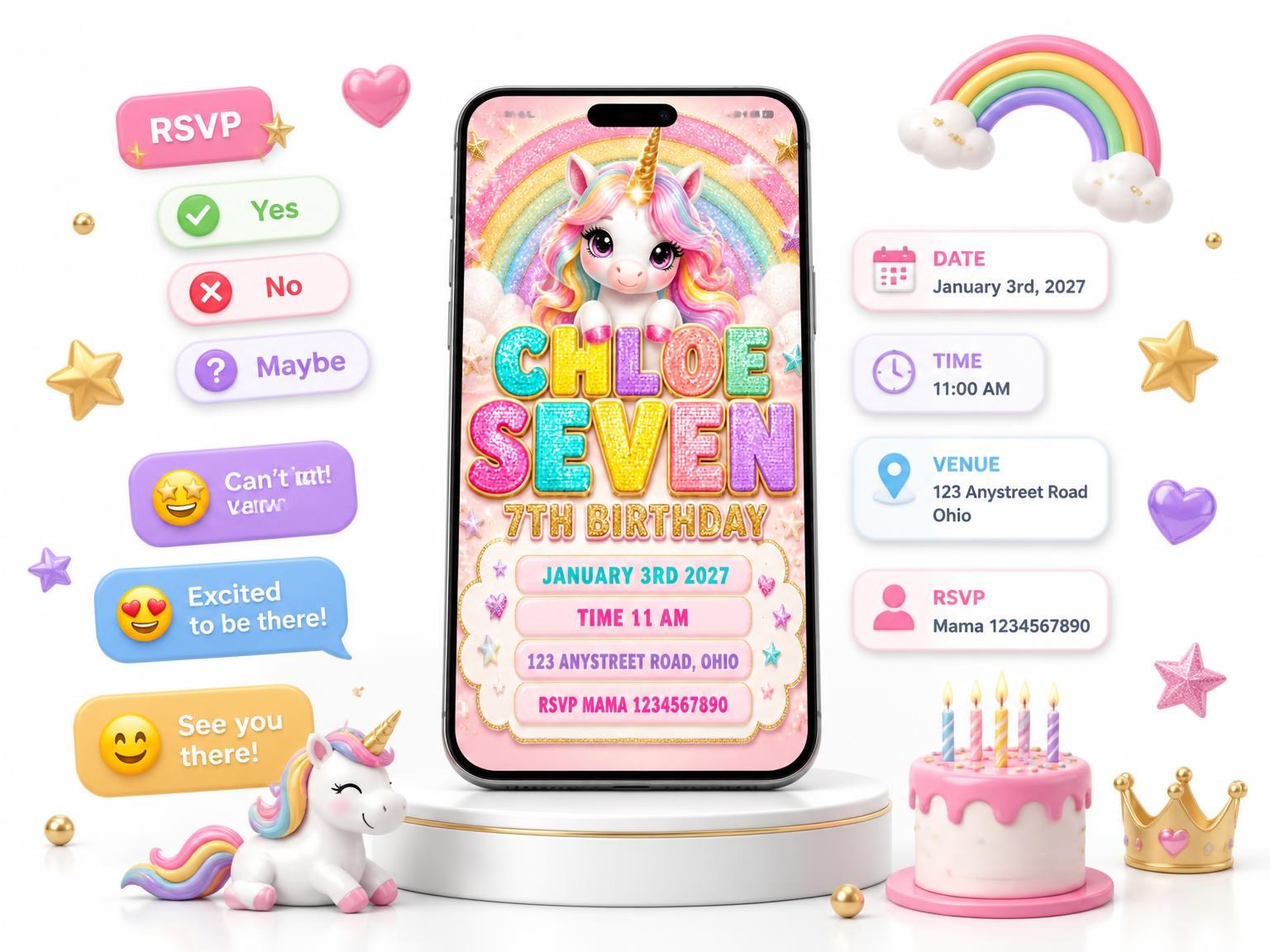 The Glitter Unicorn 7th Birthday Invitation invitation on a phone, with guest RSVPs arriving around it