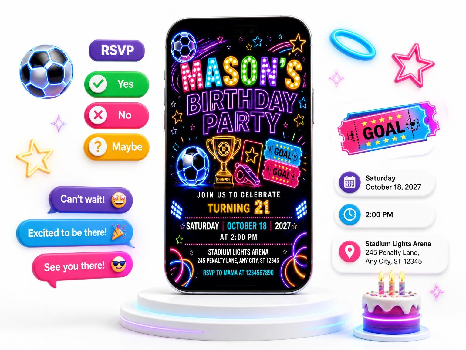 The Neon Soccer 21st Birthday Invitation invitation on a phone, with guest RSVPs arriving around it