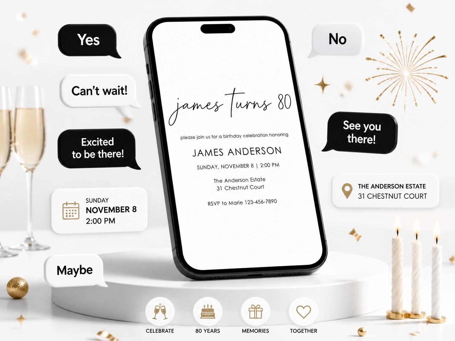 The Monochrome Script Minimalist 80th Birthday invitation on a phone, with guest RSVPs arriving around it