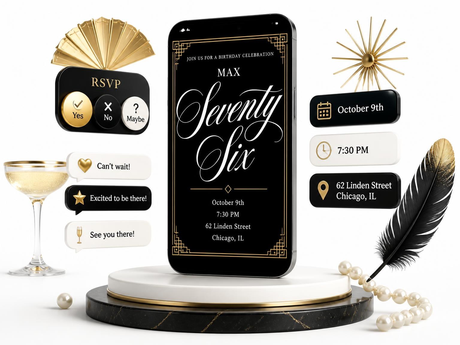 The Art Deco 76th Birthday Invitation invitation on a phone, with guest RSVPs arriving around it