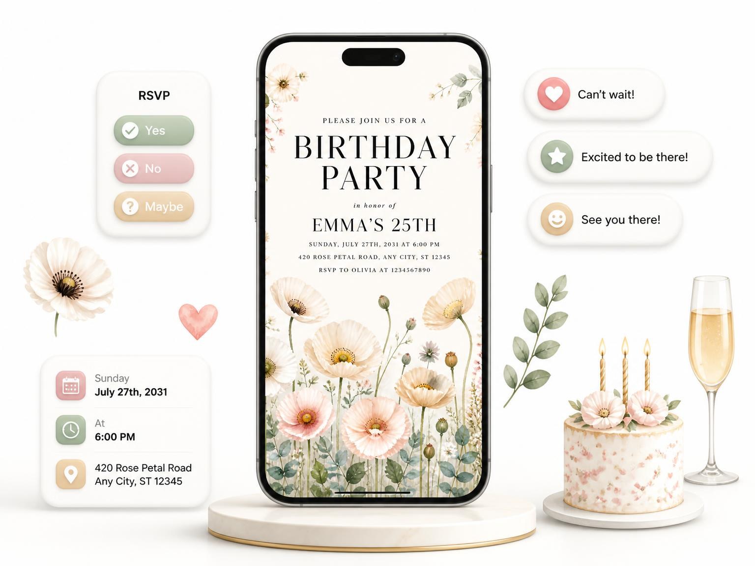 The Meadow Flowers Ivory 25th Birthday Invitation invitation on a phone, with guest RSVPs arriving around it