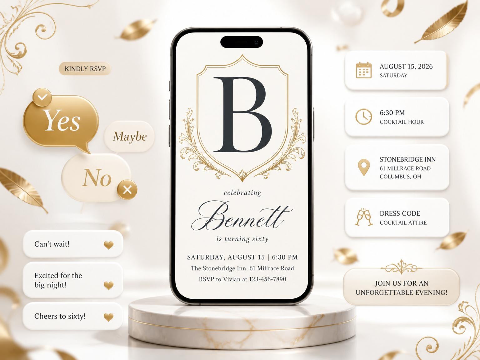 The Gold Crest Monogram 60th Birthday invitation on a phone, with guest RSVPs arriving around it
