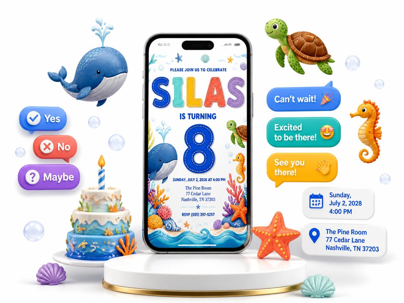 The Stitched Under the Sea 8th Birthday Invitation invitation on a phone, with guest RSVPs arriving around it