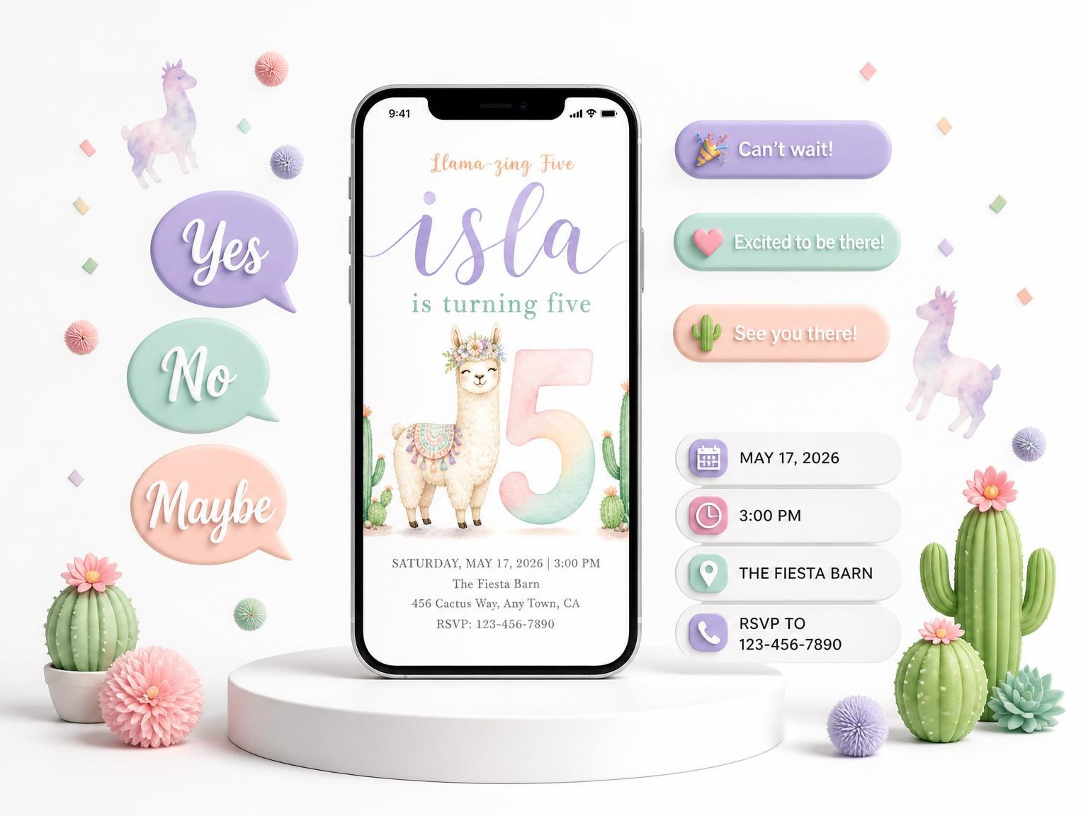 The Pastel Watercolor Llama 5th Birthday invitation on a phone, with guest RSVPs arriving around it