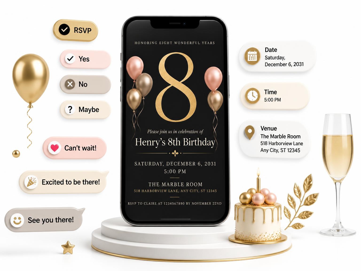 The Charcoal and Blush 8th Birthday Invitation invitation on a phone, with guest RSVPs arriving around it