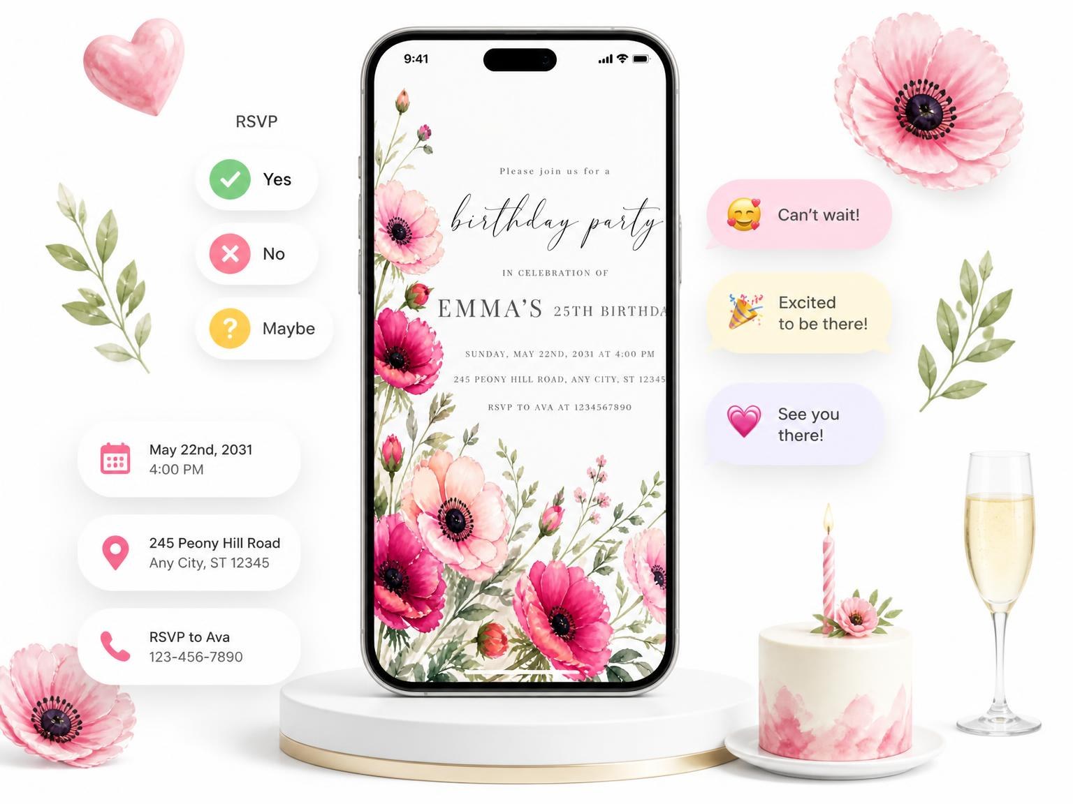 The Fuchsia Anemones Greenery 25th Birthday Invitation invitation on a phone, with guest RSVPs arriving around it