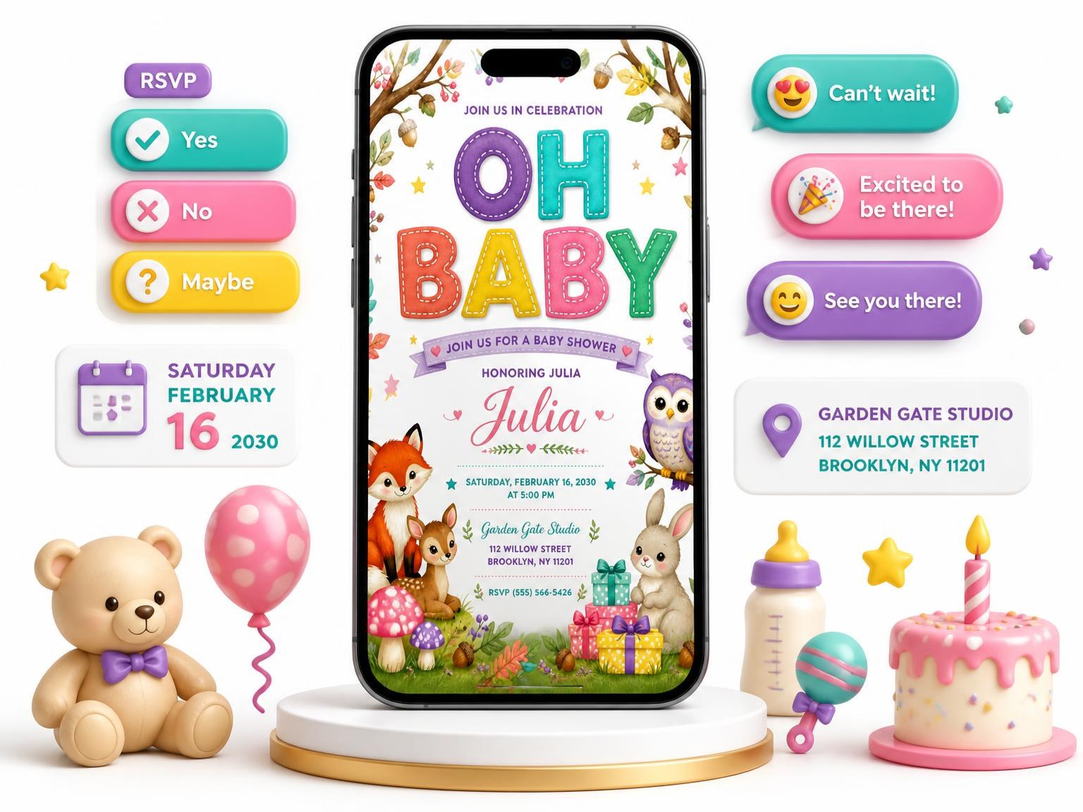 The Woodland Animals Baby Shower Invitation invitation on a phone, with guest RSVPs arriving around it