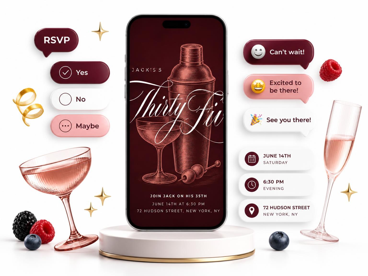 The Burgundy Cocktail 35th Birthday Invitation invitation on a phone, with guest RSVPs arriving around it
