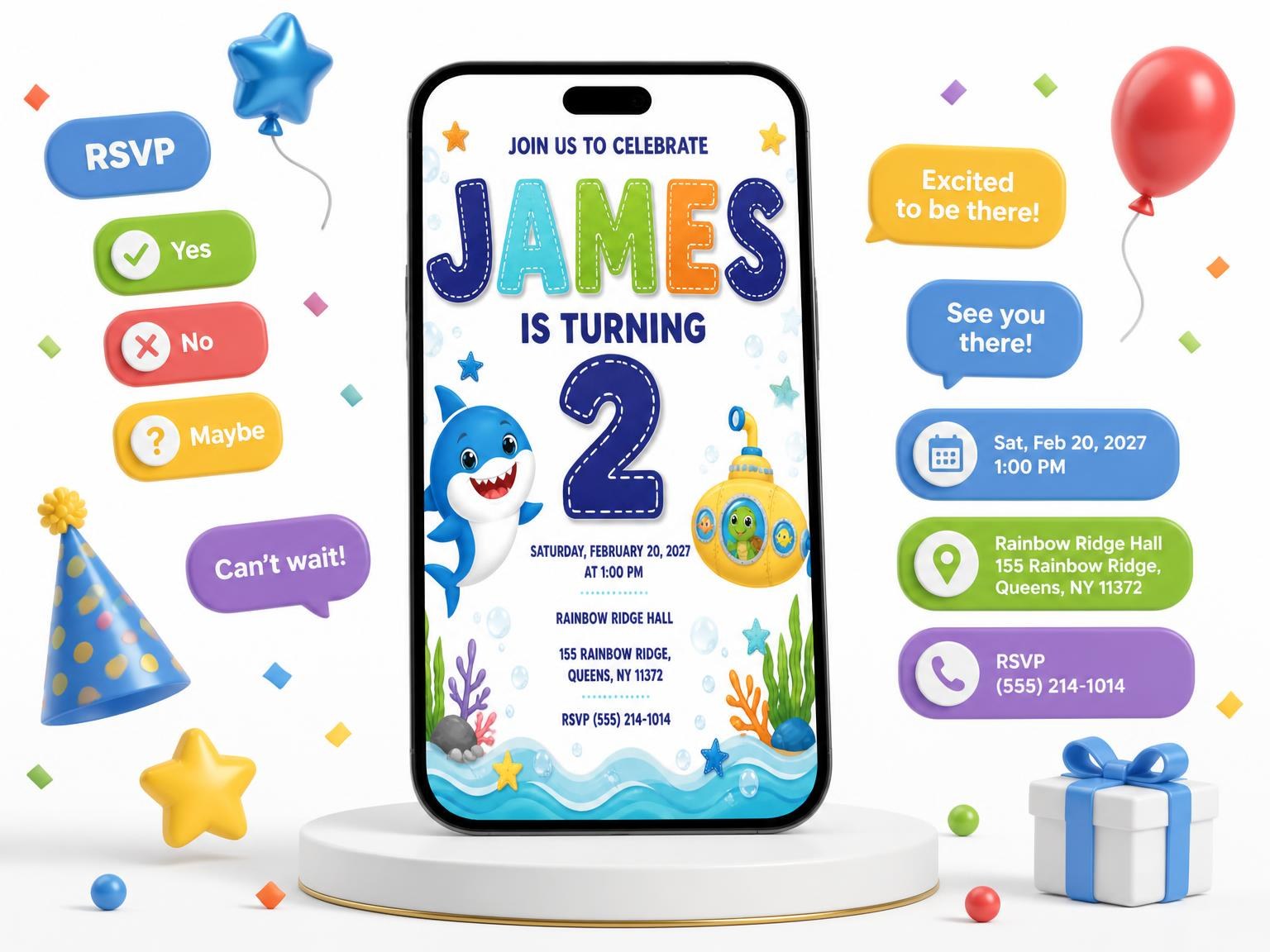 The Yellow Submarine 2nd Birthday Invitation invitation on a phone, with guest RSVPs arriving around it