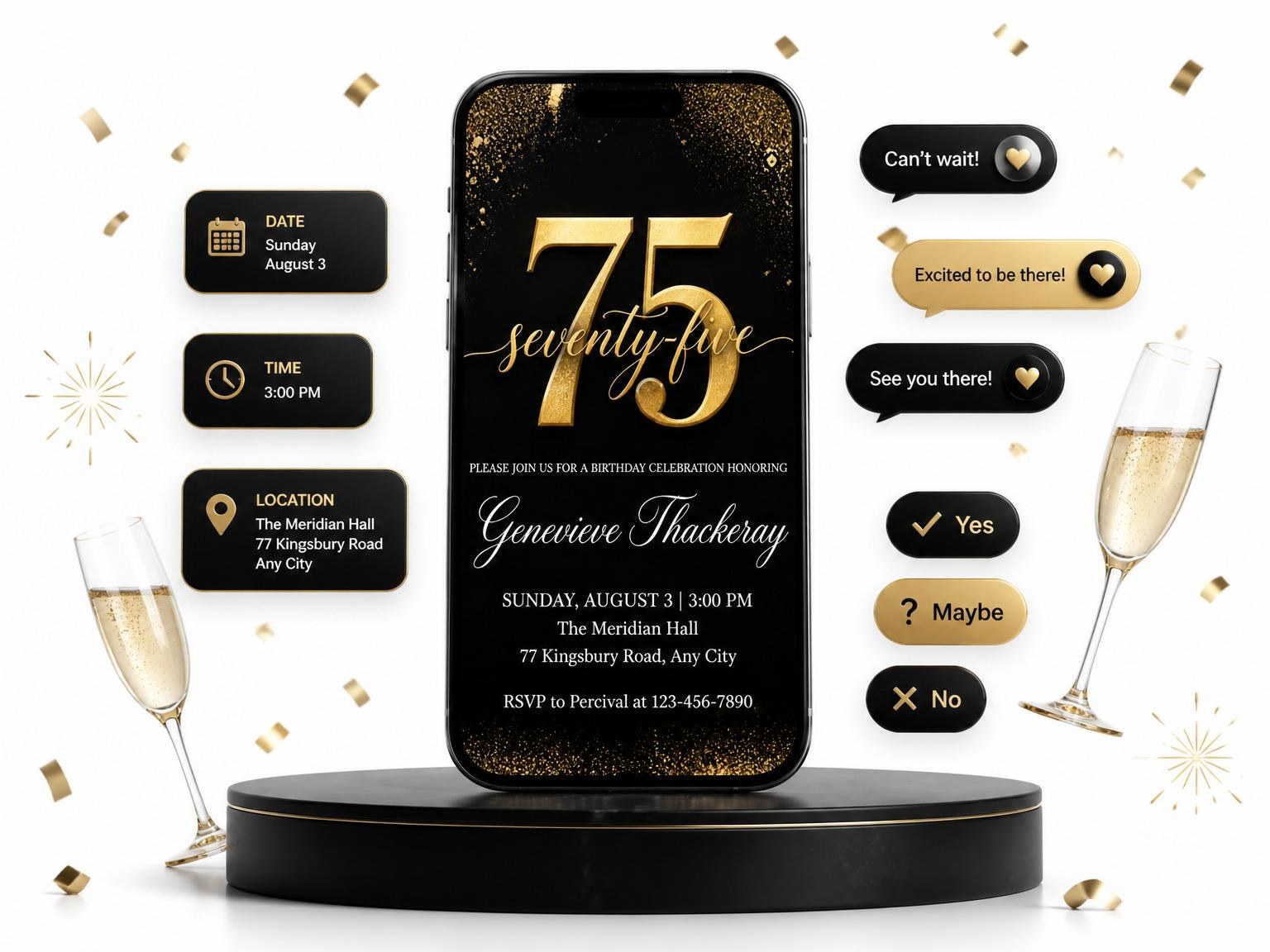 The Elegant Gold 75th Birthday Invitation invitation on a phone, with guest RSVPs arriving around it
