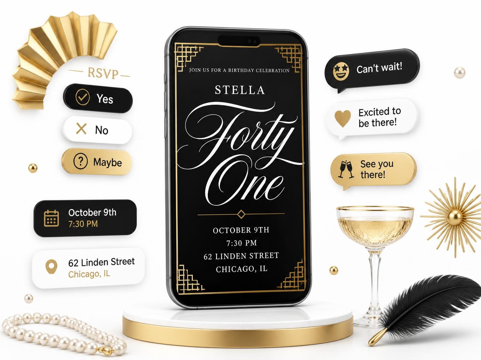 The Art Deco 41st Birthday Invitation invitation on a phone, with guest RSVPs arriving around it