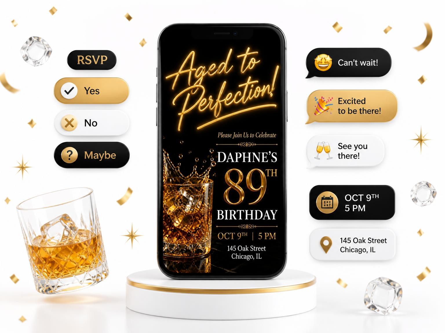 The Crystal Whiskey 89th Birthday Invitation invitation on a phone, with guest RSVPs arriving around it