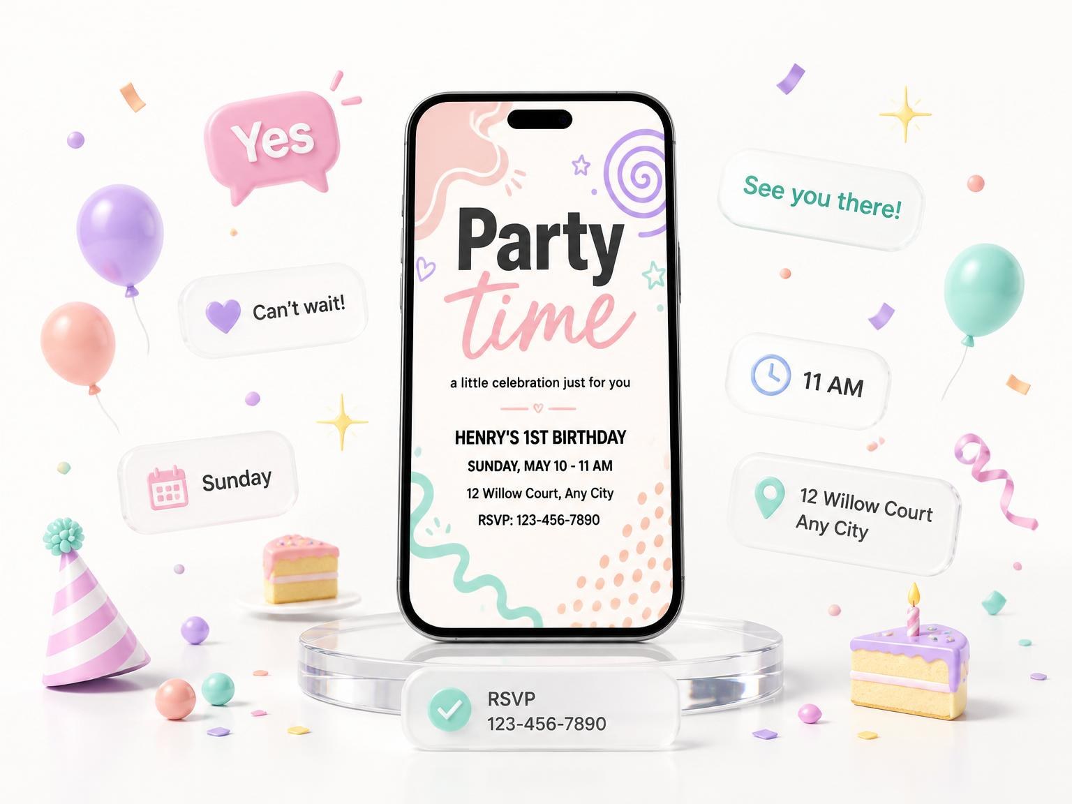 The Pastel Memphis Geometric 1st Birthday invitation on a phone, with guest RSVPs arriving around it