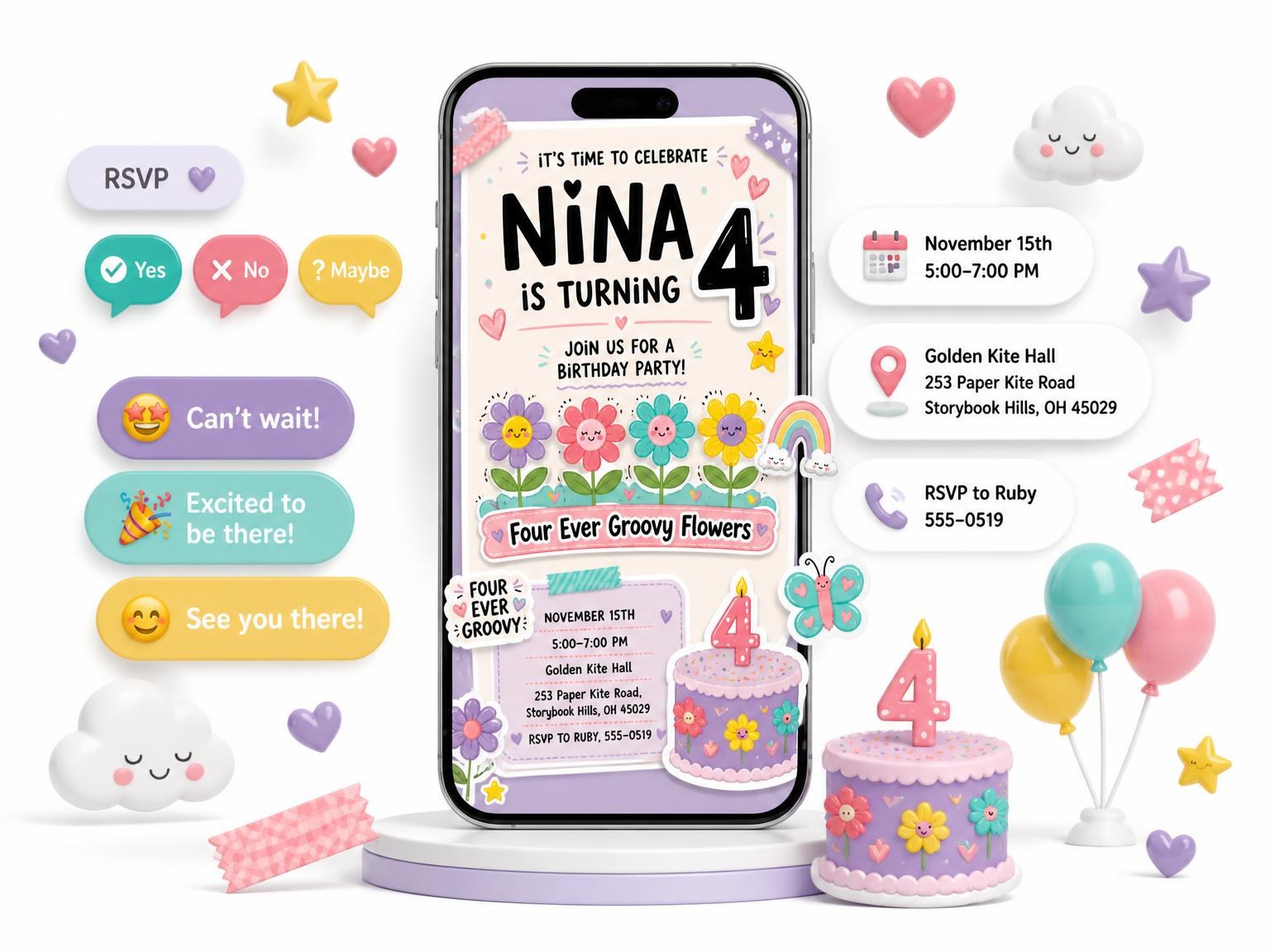 The Groovy Floral 4th Birthday Invitation invitation on a phone, with guest RSVPs arriving around it