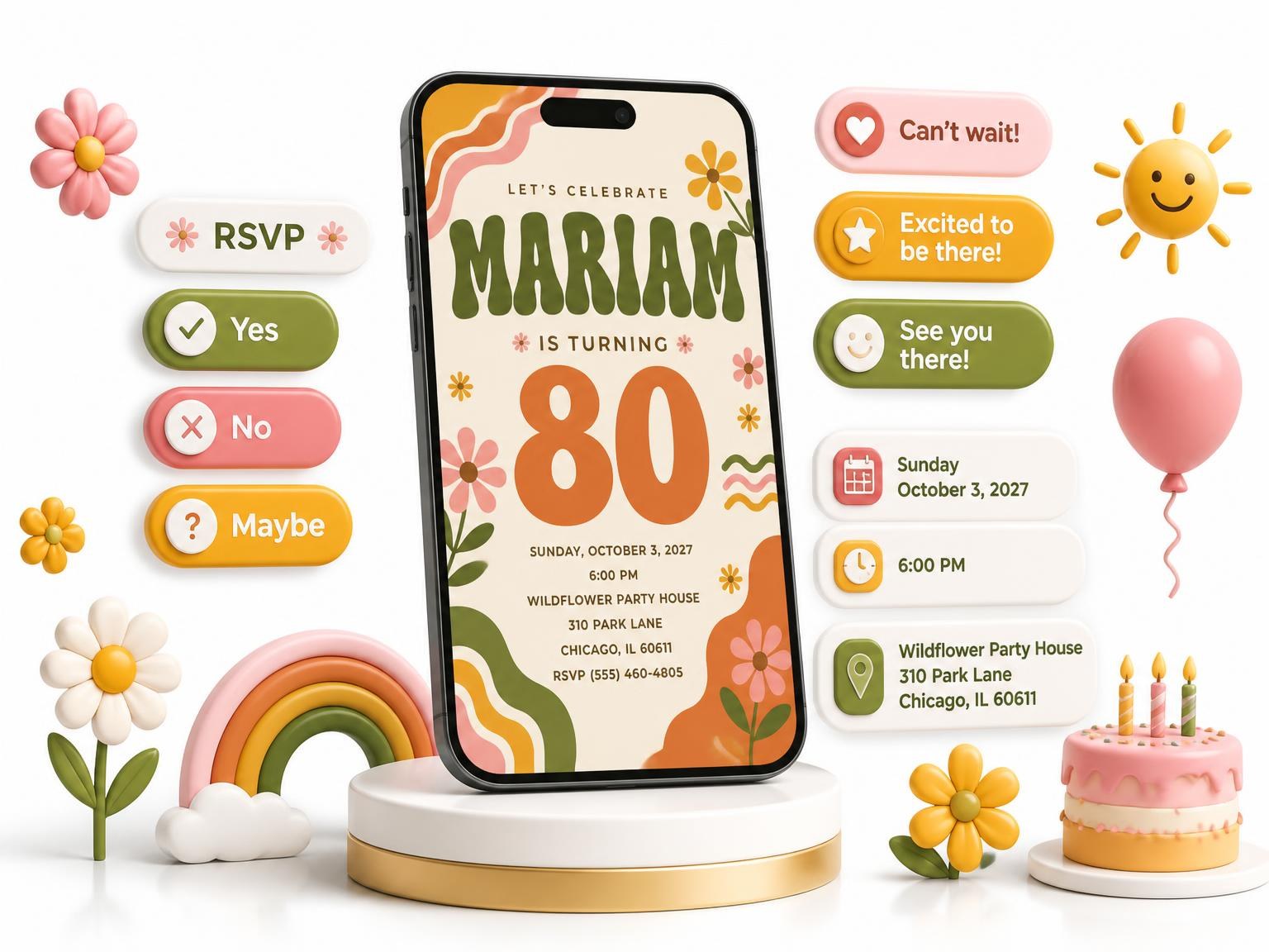 The Groovy Retro 80th Birthday Invitation invitation on a phone, with guest RSVPs arriving around it