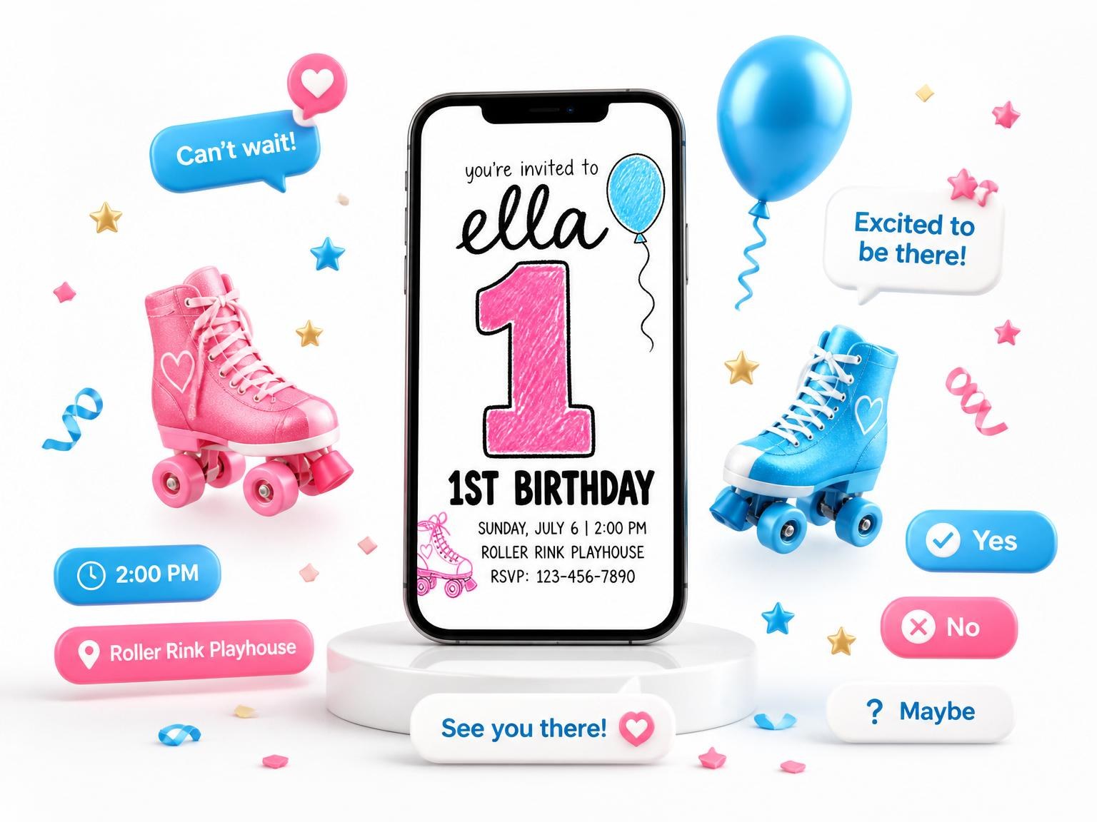 The Pink Crayon Roller Skate 1st Birthday invitation on a phone, with guest RSVPs arriving around it