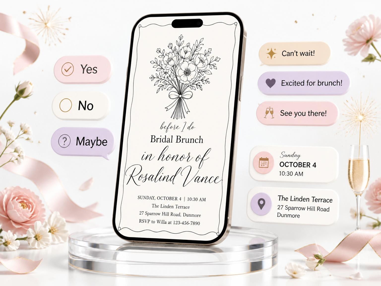 The Minimalist Black Line-Art Bridal Brunch invitation on a phone, with guest RSVPs arriving around it