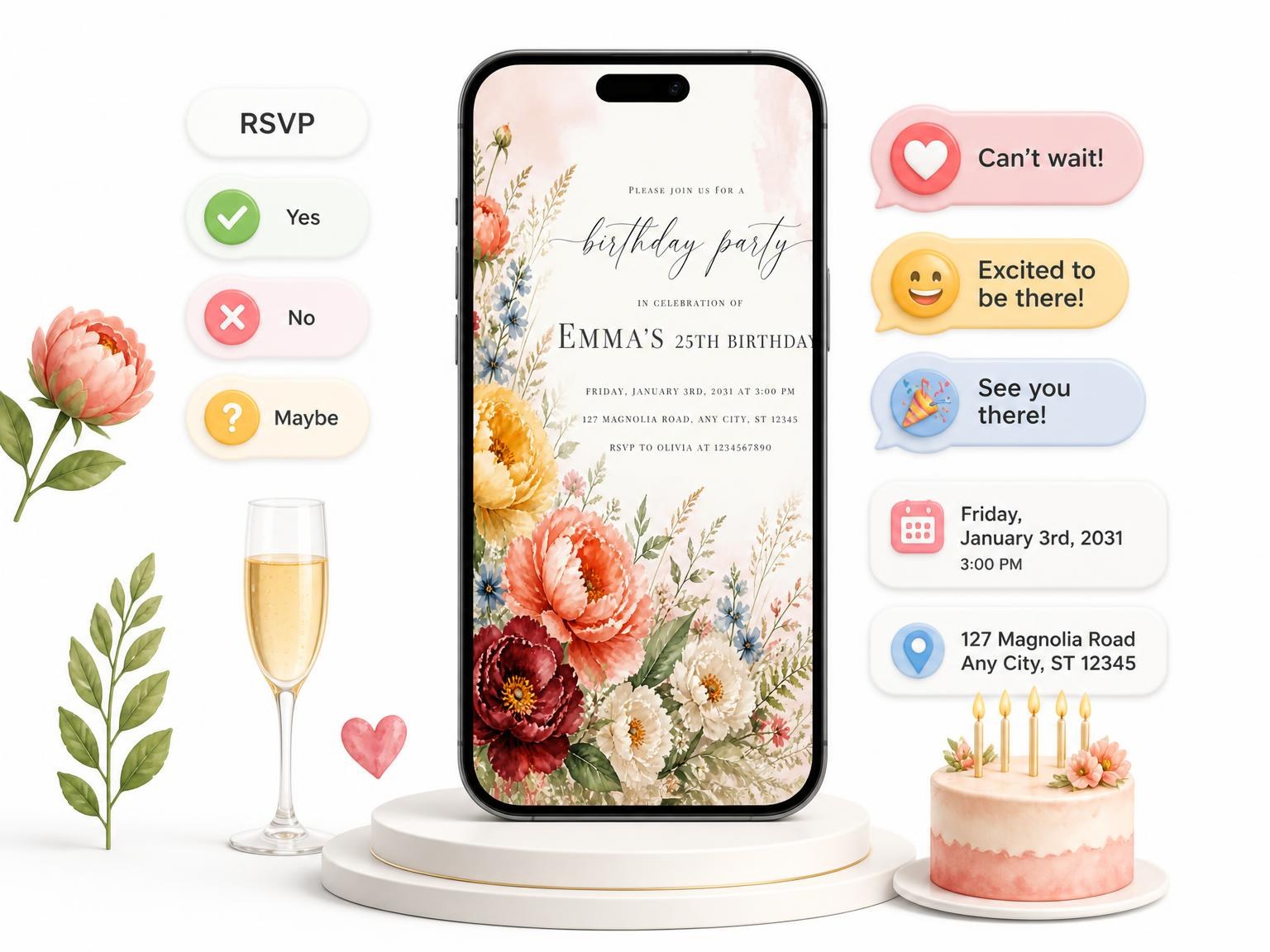 The Botanical Golden 25th Birthday Invitation invitation on a phone, with guest RSVPs arriving around it