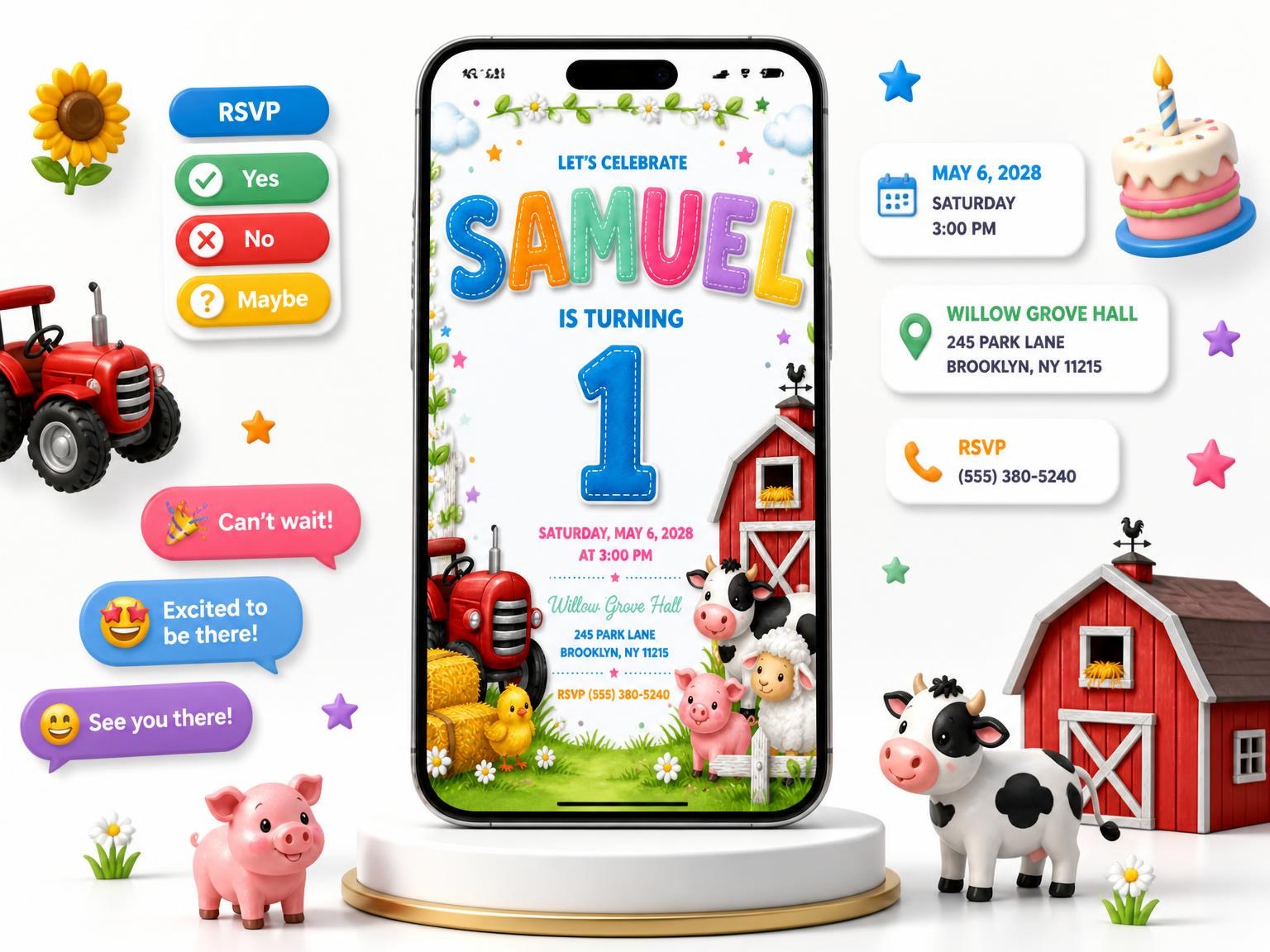 The Stitched Farm 1st Birthday Invitation invitation on a phone, with guest RSVPs arriving around it