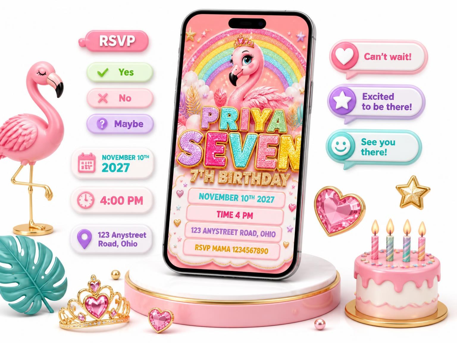 The Glitter Flamingo 7th Birthday Invitation invitation on a phone, with guest RSVPs arriving around it