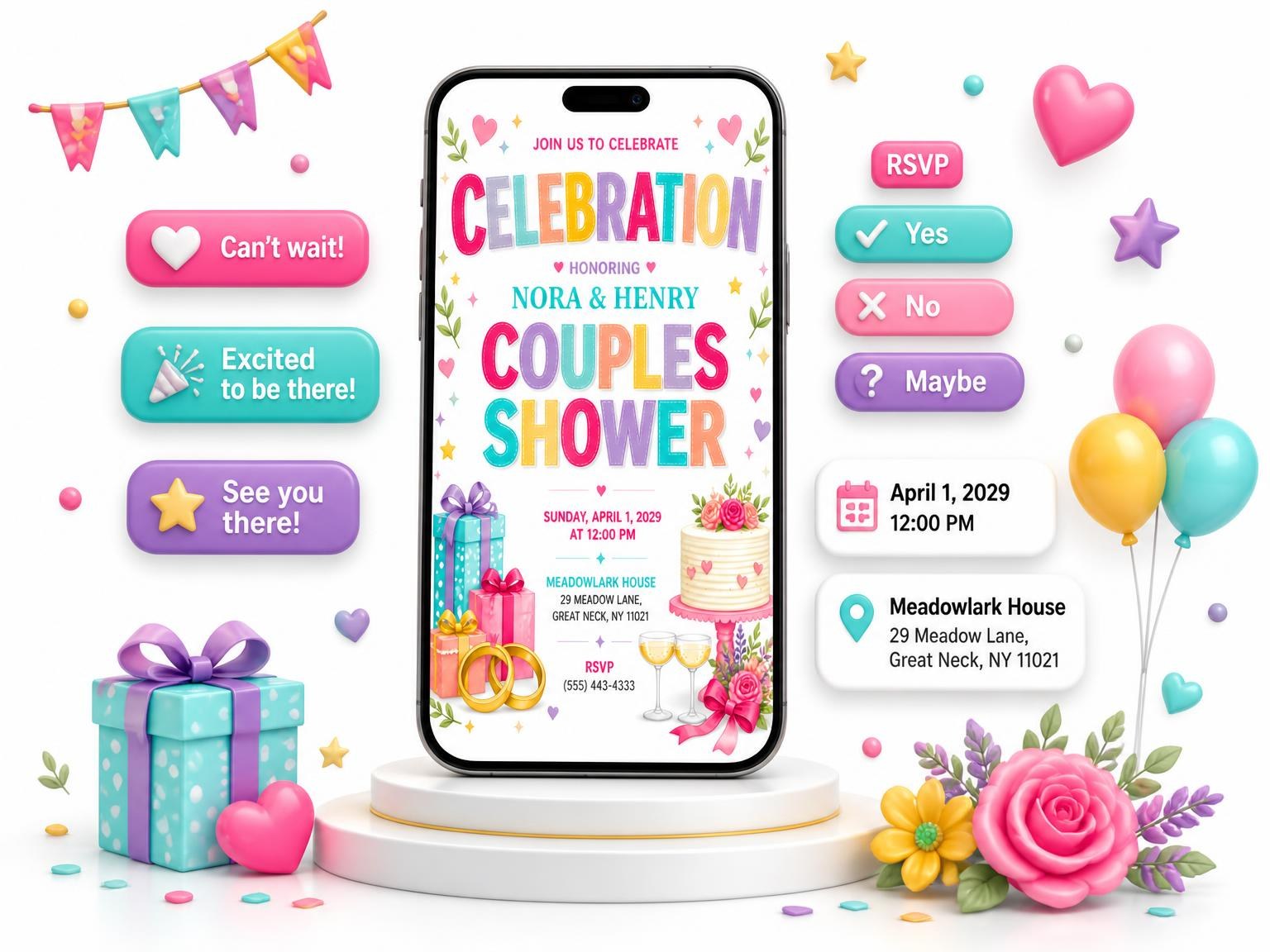 The Gift Boxes And Rings Couples Shower Invitation invitation on a phone, with guest RSVPs arriving around it